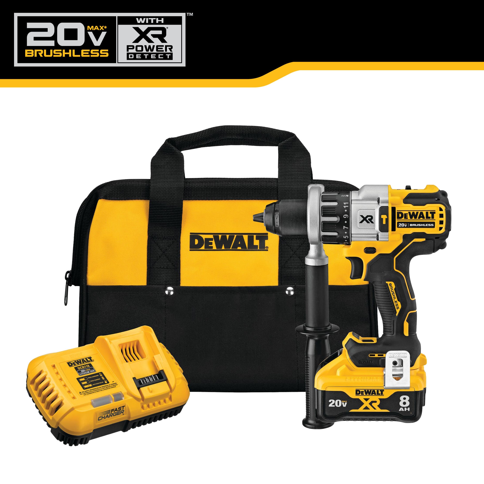Taladro percutor inalámbrico DEWALT XR POWER DETECT 1/2 pulgadas 20 voltios max con velocidad variable sin escobillas híbrido - Capaz de martillo con batería 1 DCD998W1