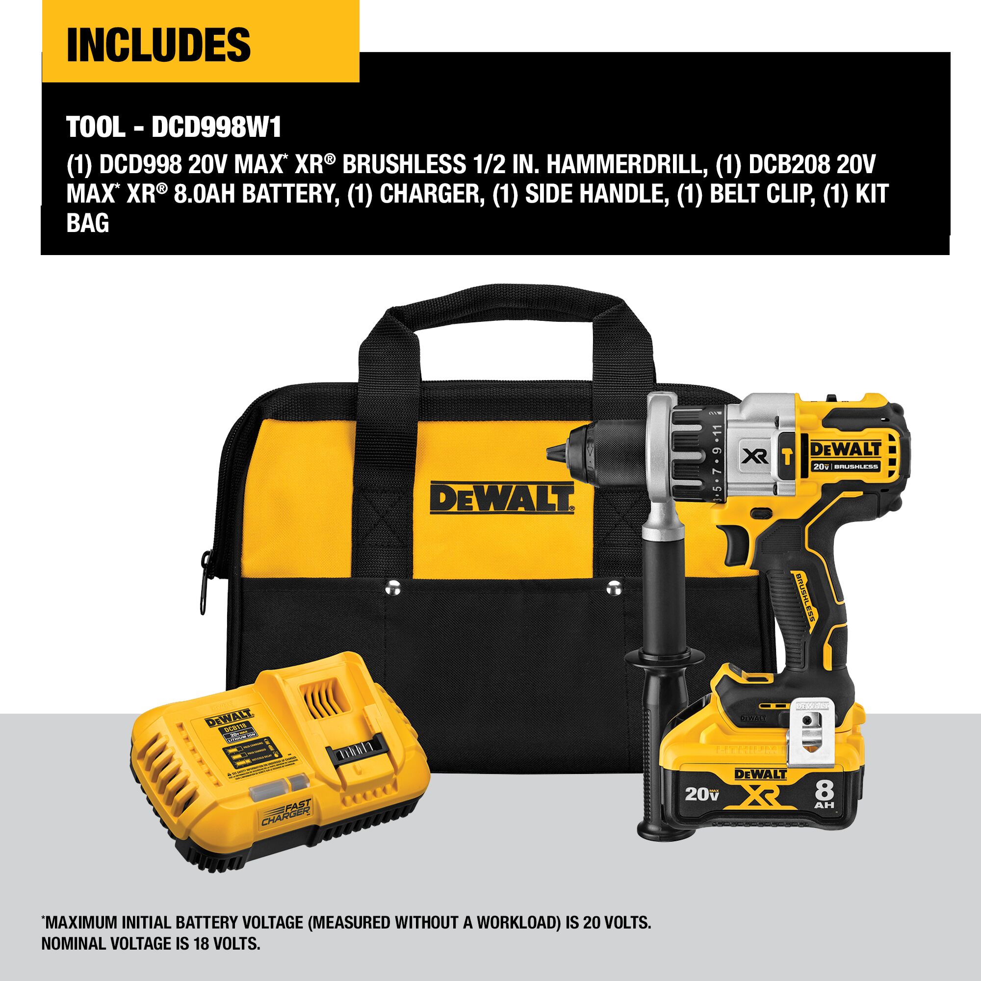 Taladro percutor inalámbrico DEWALT XR POWER DETECT 1/2 pulgadas 20 voltios max con velocidad variable sin escobillas híbrido - Capaz de martillo con batería 1 DCD998W1