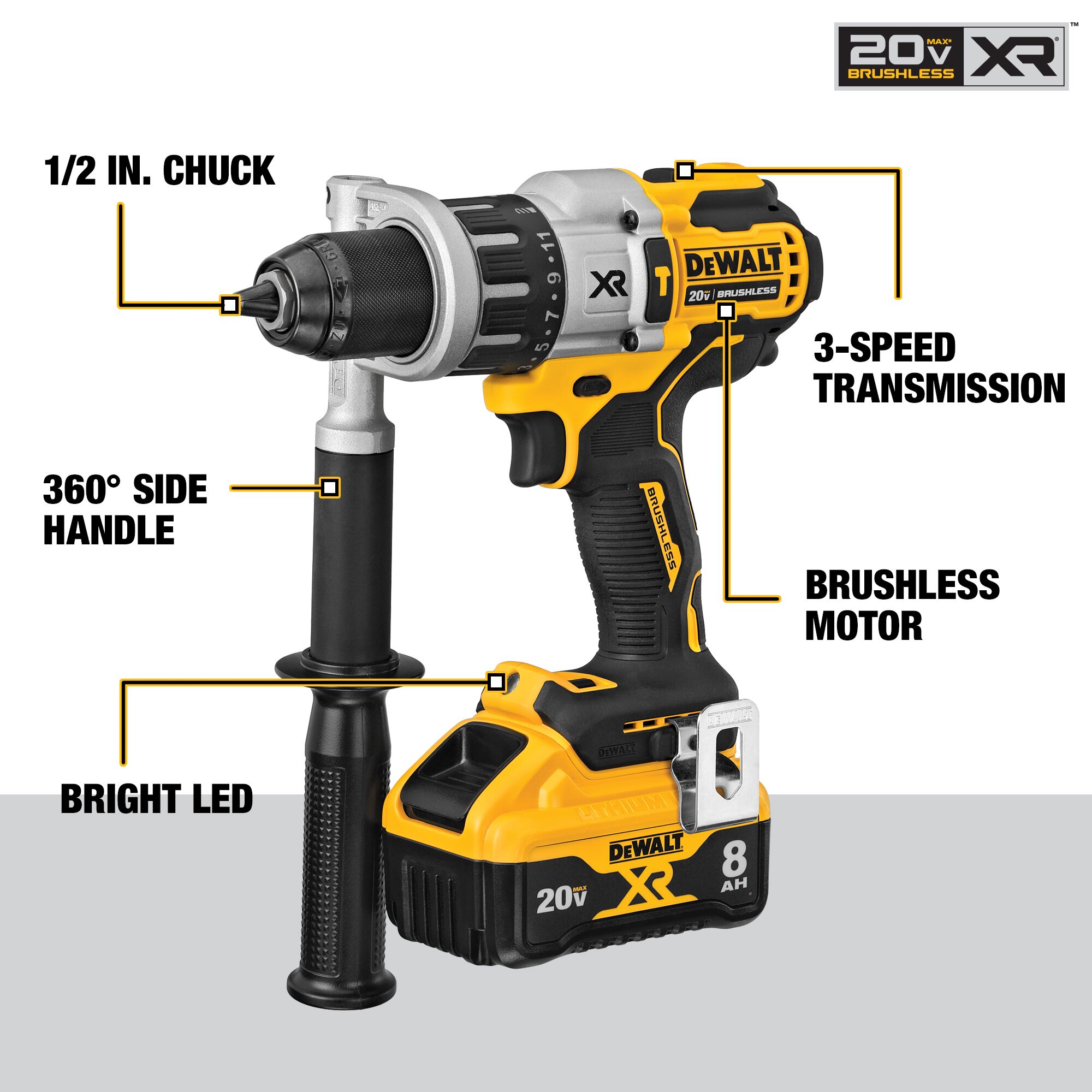 Taladro percutor inalámbrico DEWALT XR POWER DETECT 1/2 pulgadas 20 voltios max con velocidad variable sin escobillas híbrido - Capaz de martillo con batería 1 DCD998W1