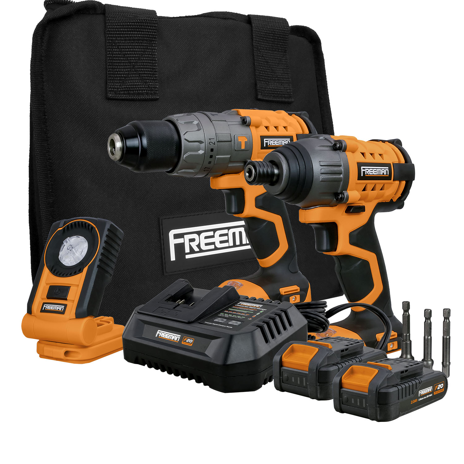 FREEMAN 2-Herramientas (Batería, Cargador y Estuche incluidos) Taladro martillo inalámbrico sin escobillas de velocidad variable máxima de 20 voltios, 1/2 pulgada, con 2 baterías PECCKT.