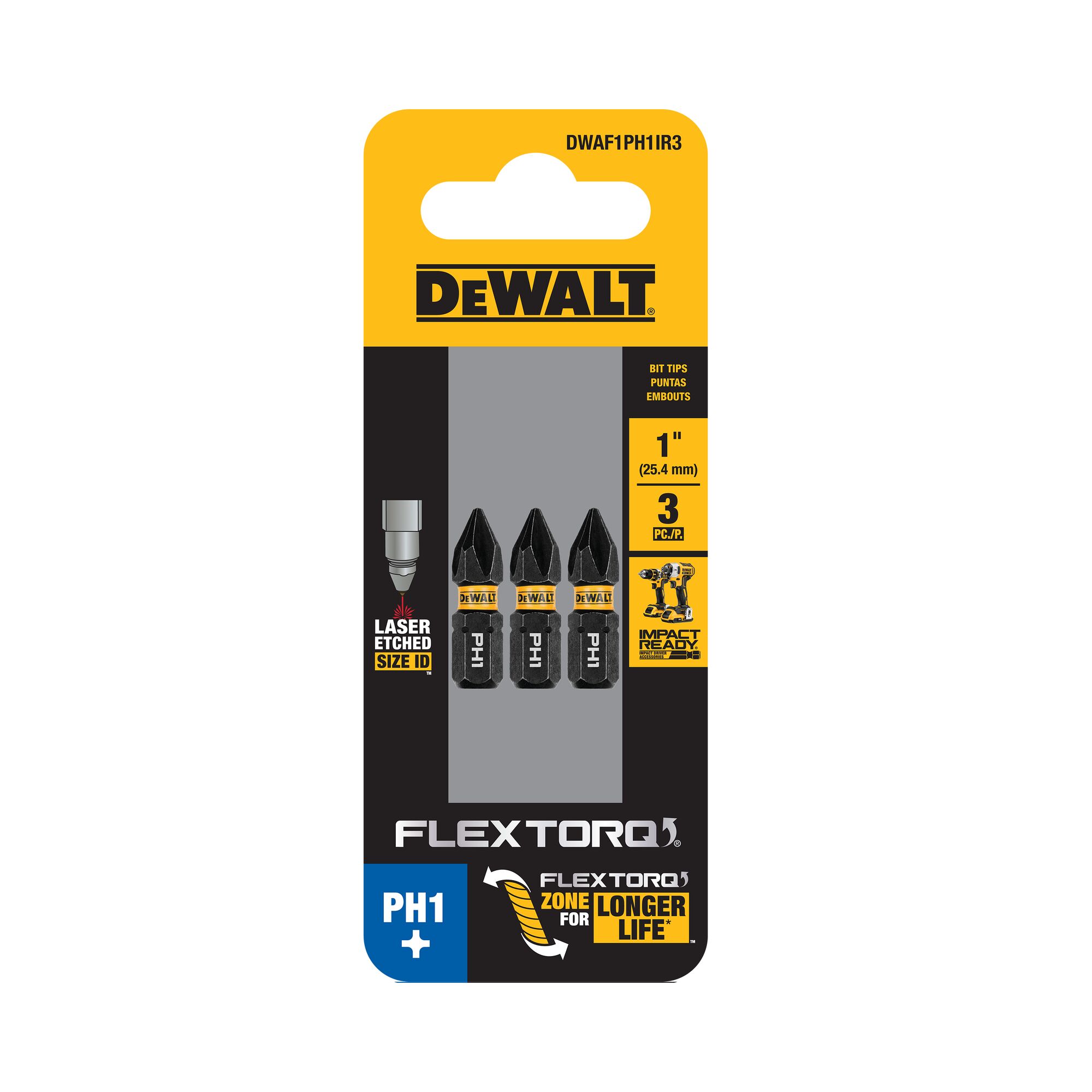Punta para destornillador de impacto Phillips DEWALT Flextorq de 1/4 pulgadas x 1 pulgada, 3 piezas DWAF1PH1IR3