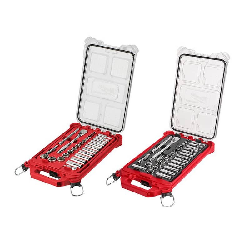 Juego de herramientas para mecánicos con trinquete y dados en unidades estándar y métricas de Milwaukee de 3/8 pulg. con estuche PACKOUT (60 piezas) - 48-22-9481-48-22-9482.