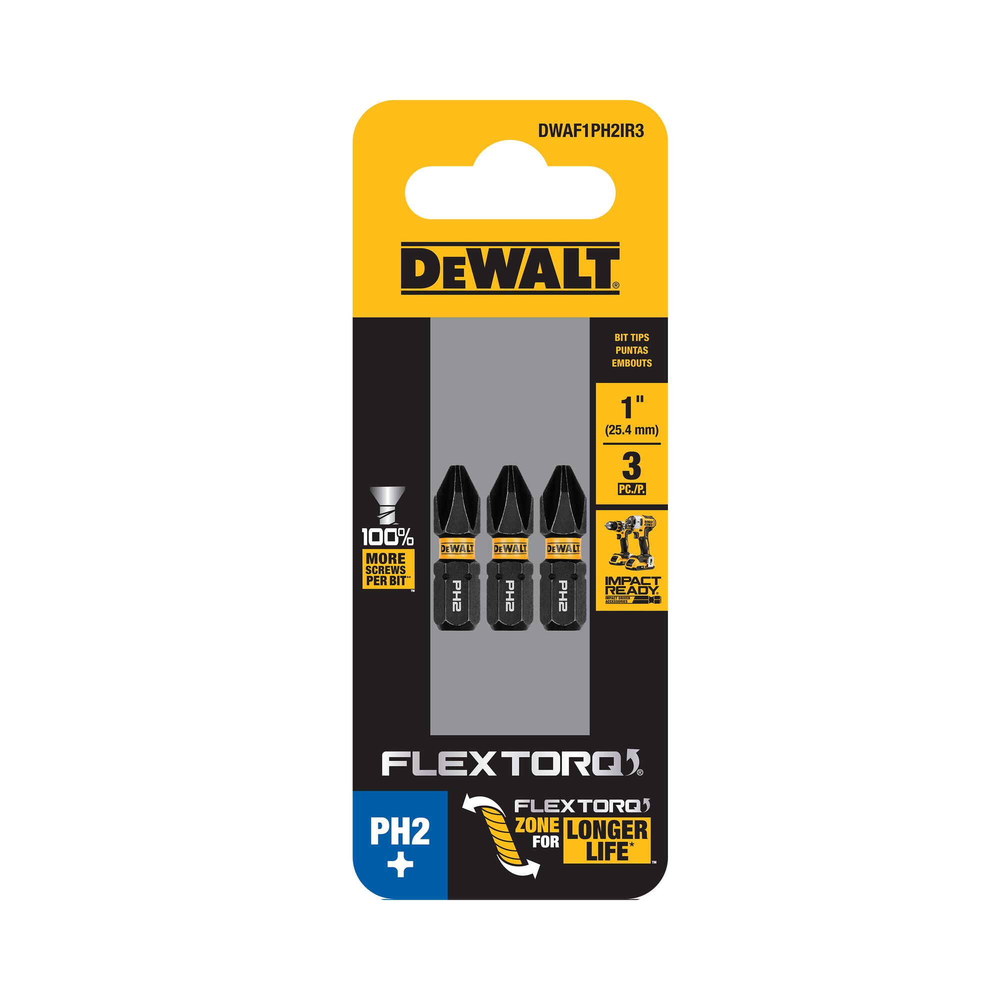 Punta de destornillador de impacto Phillips DEWALT Flextorq de 1/4 pulg. x 1 pulg. - Juego de 3 piezas DWAF1PH2IR3