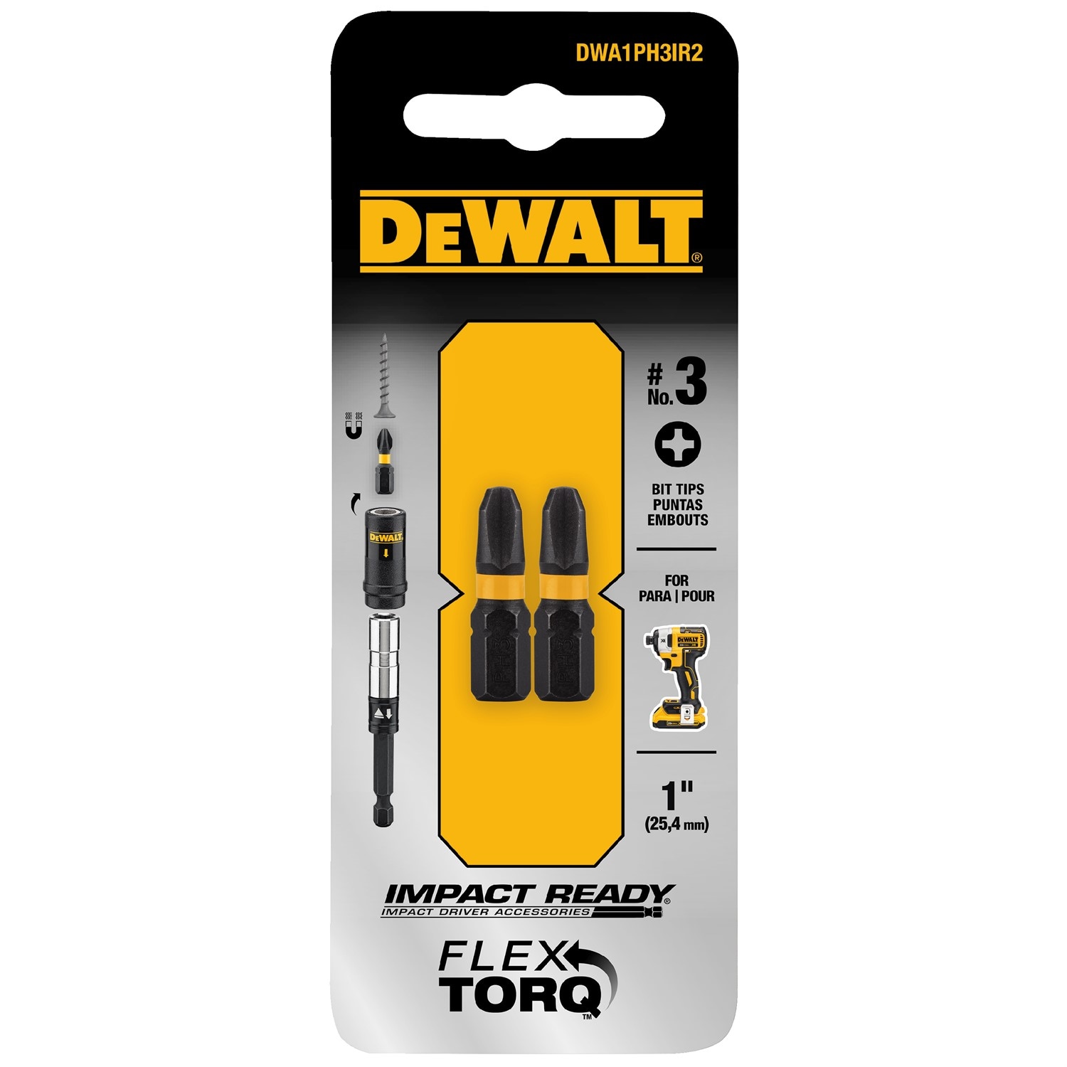 Punta de destornillador de impacto Phillips DEWALT FlexTorq de 1/4 de pulgada por 1 pulgada, 2 piezas DWA1PH3IR2-Z