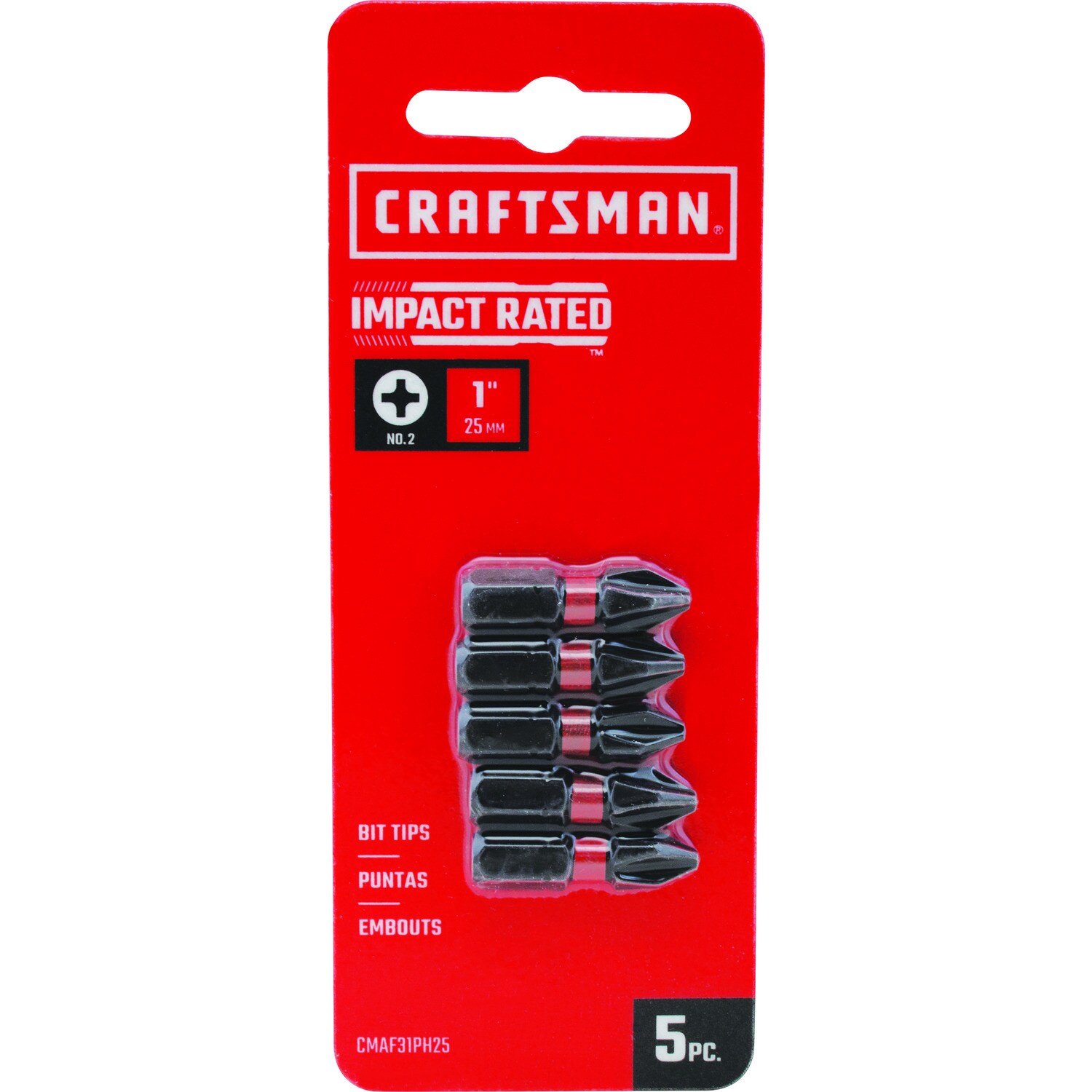 Punta de destornillador de impacto Phillips de 1/4 pulgadas x 1 pulgada con clasificación de impacto CRAFTSMAN de 5 piezas CMAF31PH25