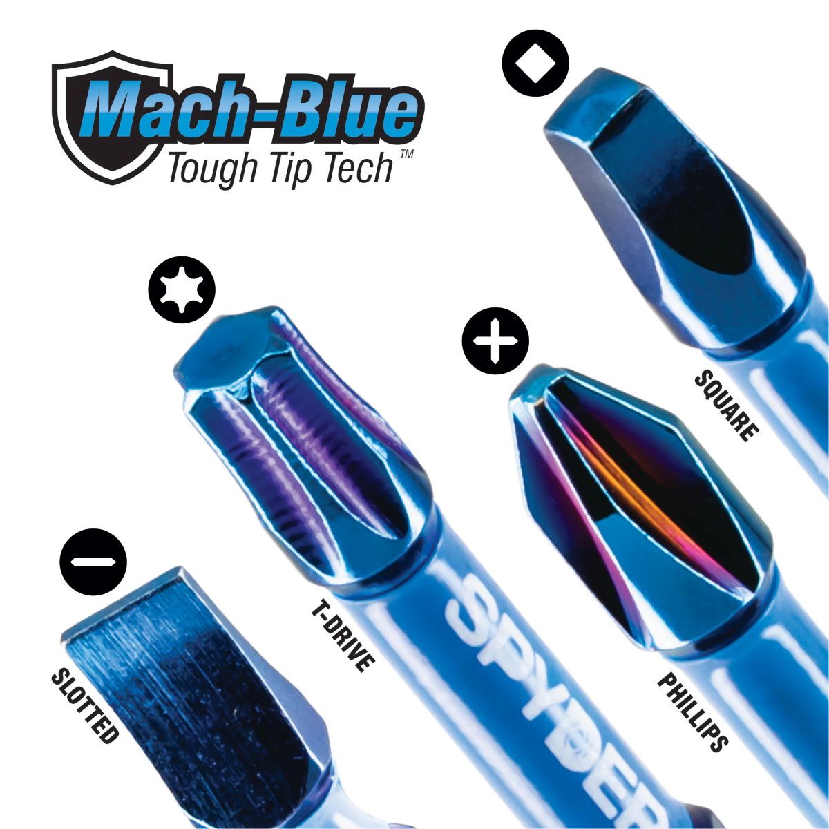 Punta de destornillador de impacto cuadrada/Robertson Spyder Mach-Blue SQ2 de 1/4 pulg. x 2 pulg. - Juego de 2 piezas 19049.