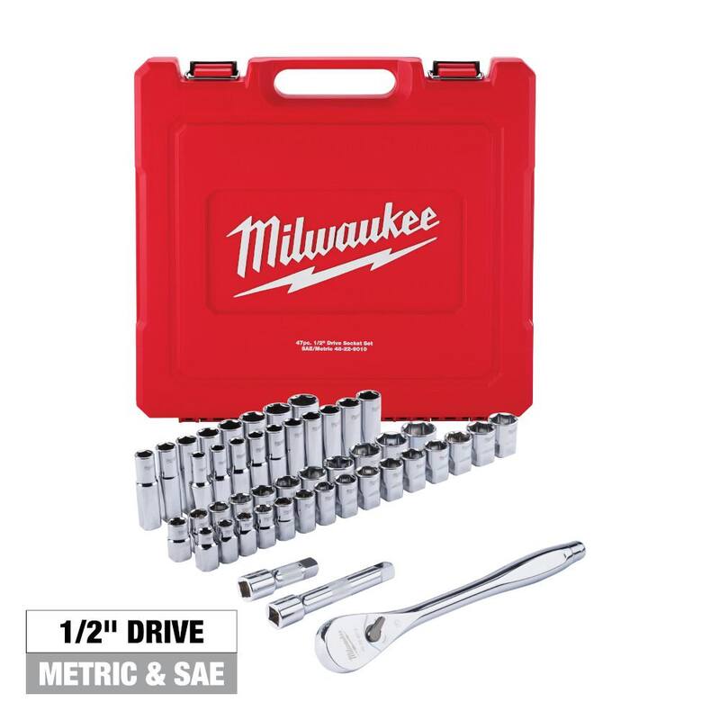 Juego de herramientas mecánicas Milwaukee de 1/2 pulgadas con trinquete y dados SAE/métricos (47 piezas) - 48-22-9010