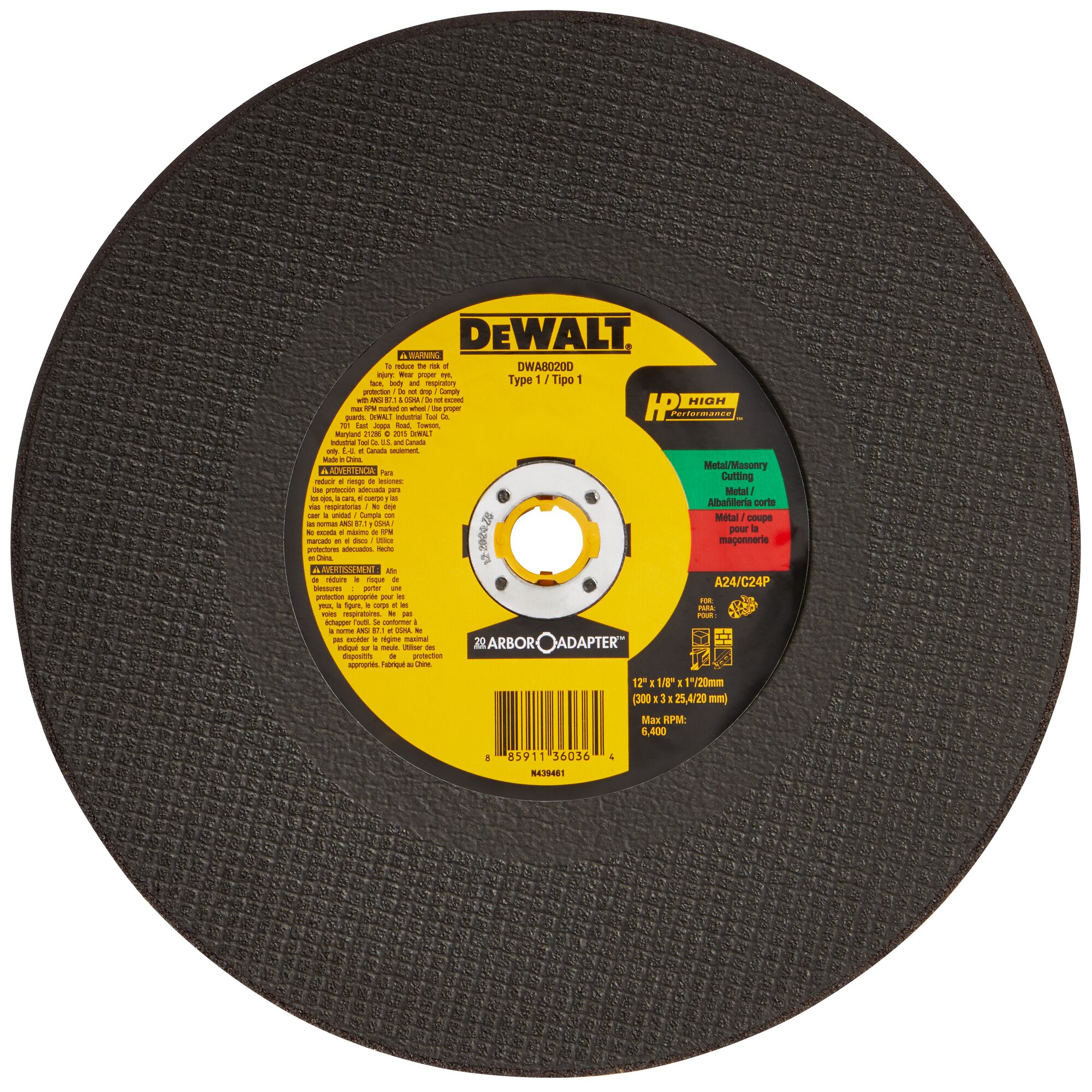 Rueda de corte DEWALT de óxido de aluminio de 12 pulgadas accesorio DWA8020D