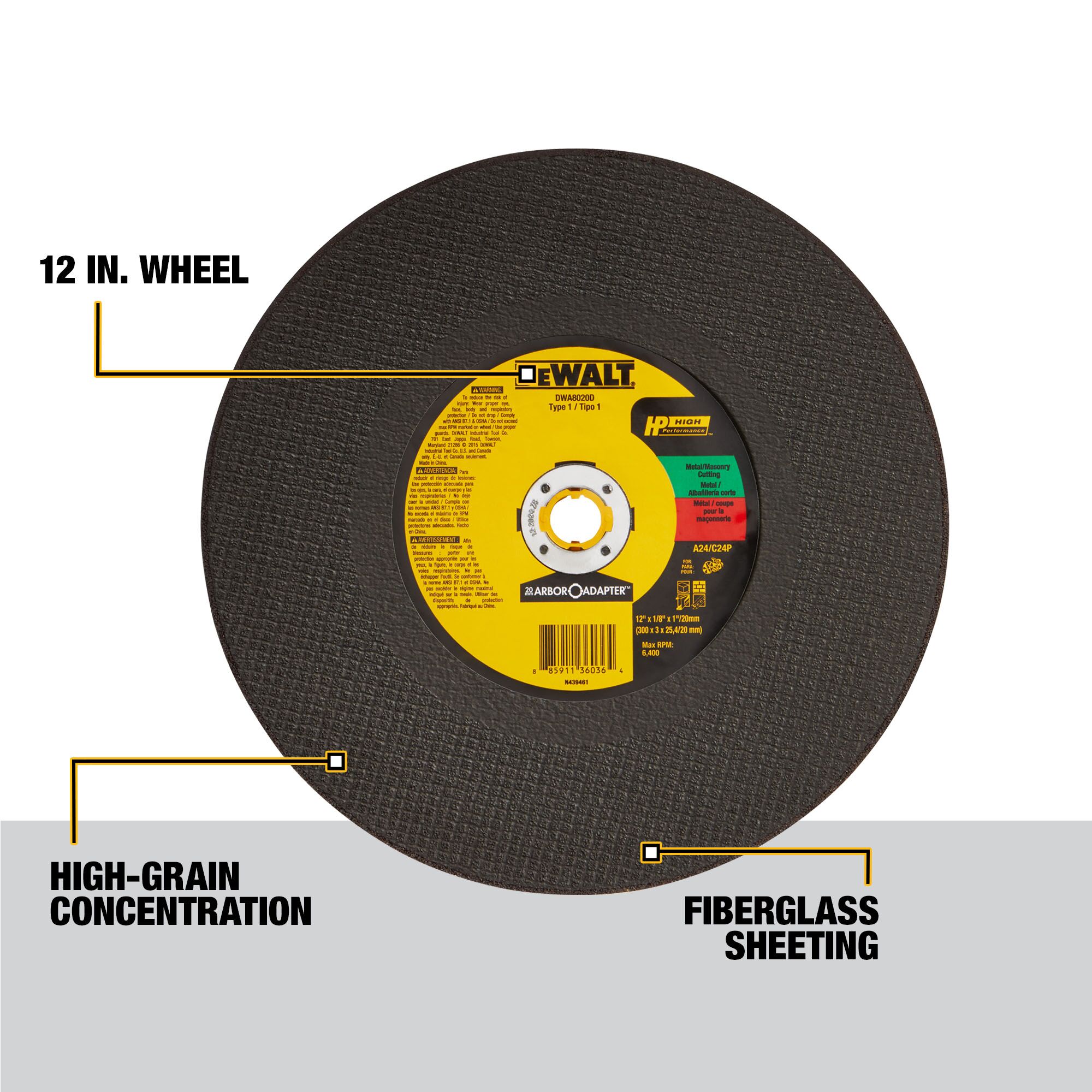 Rueda de corte DEWALT de óxido de aluminio de 12 pulgadas accesorio DWA8020D