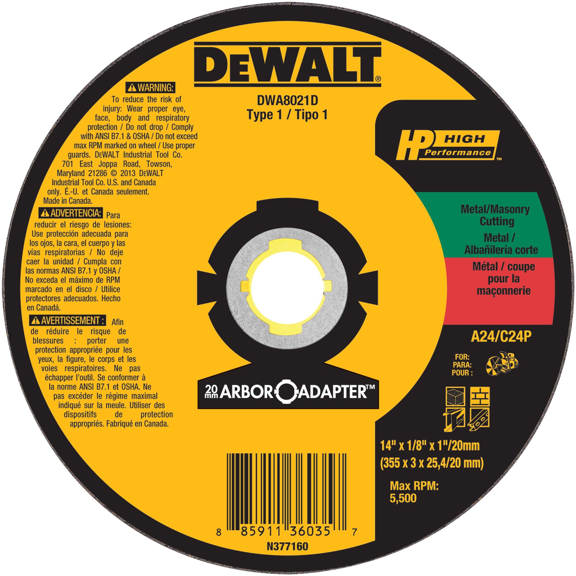 Disco de corte de óxido de aluminio DEWALT de 14 pulgadas - Accesorio DWA8021D