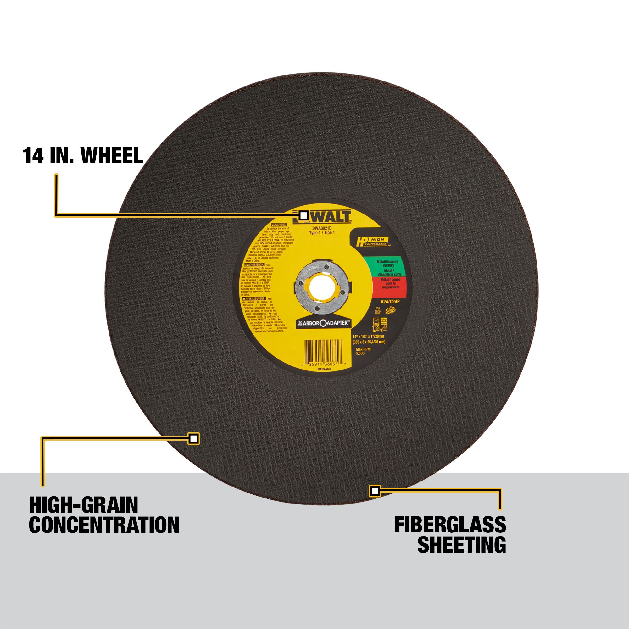 Disco de corte de óxido de aluminio DEWALT de 14 pulgadas - Accesorio DWA8021D