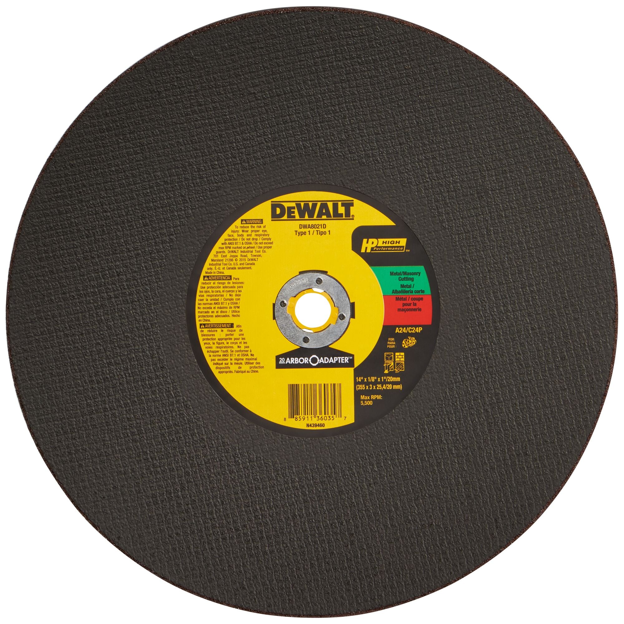 Disco de corte de óxido de aluminio DEWALT de 14 pulgadas - Accesorio DWA8021D