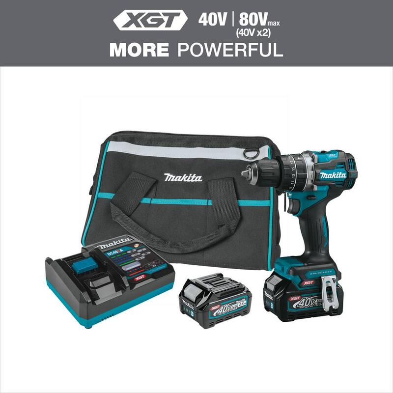 Kit de taladro atornillador compacto inalámbrico Makita 40V Max XGT sin escobillas compacto de martillo de 1/2 pulgadas (2.5Ah) - GPH02D