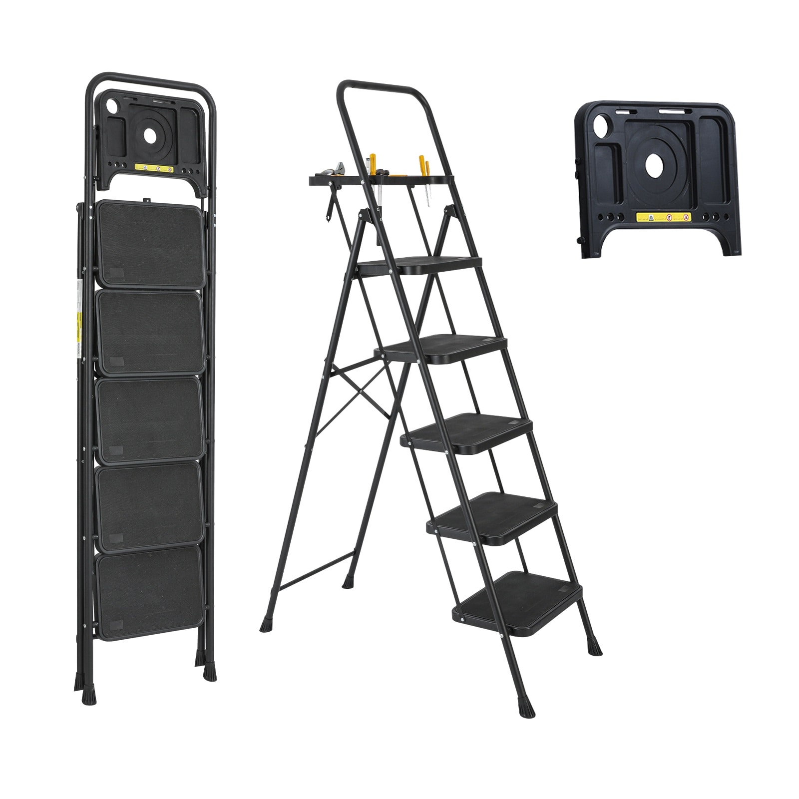Escalera de 5 pasos Siavonce Capacidad de 550 lb, plegable de acero negro XH30444