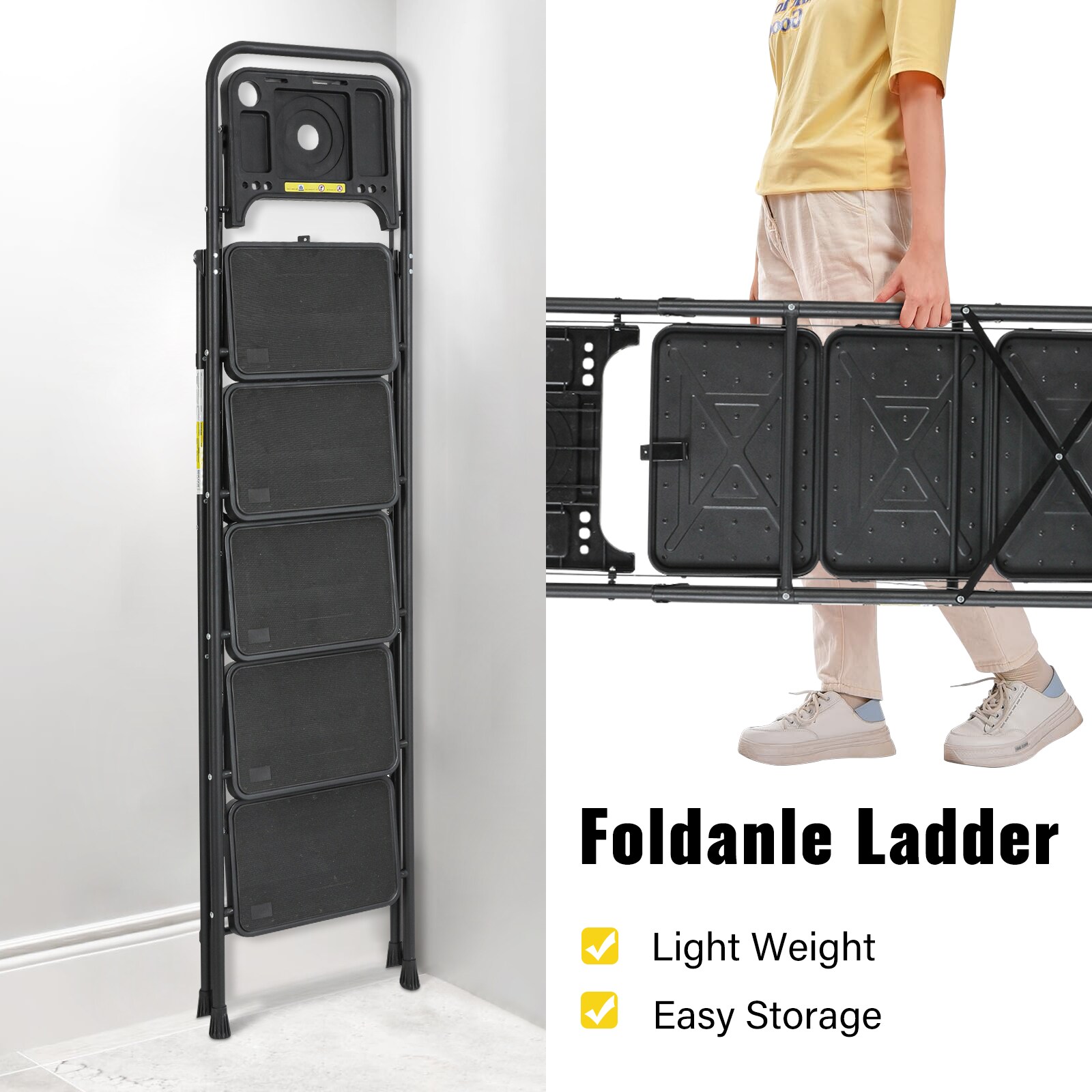 Escalera de 5 pasos Siavonce Capacidad de 550 lb, plegable de acero negro XH30444