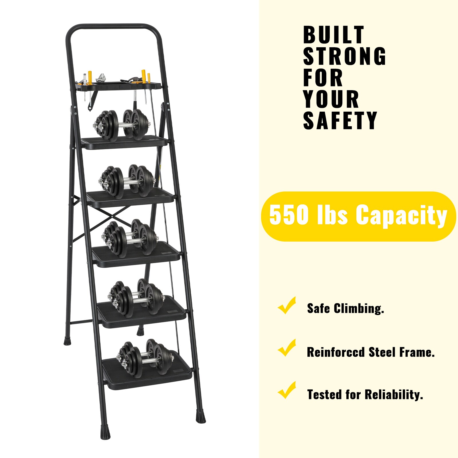 Escalera de 5 pasos Siavonce Capacidad de 550 lb, plegable de acero negro XH30444
