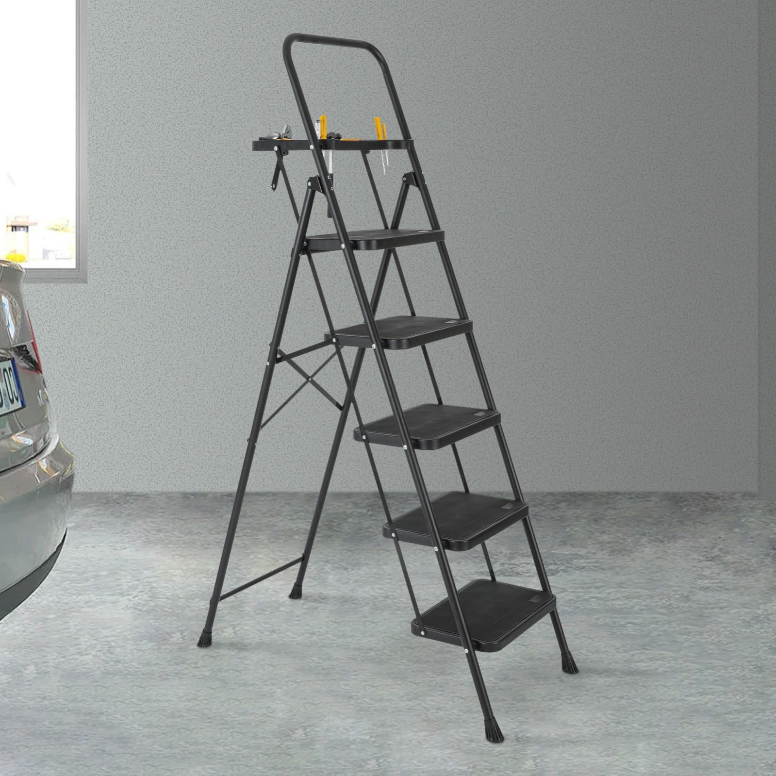 Escalera de 5 pasos Siavonce Capacidad de 550 lb, plegable de acero negro XH30444