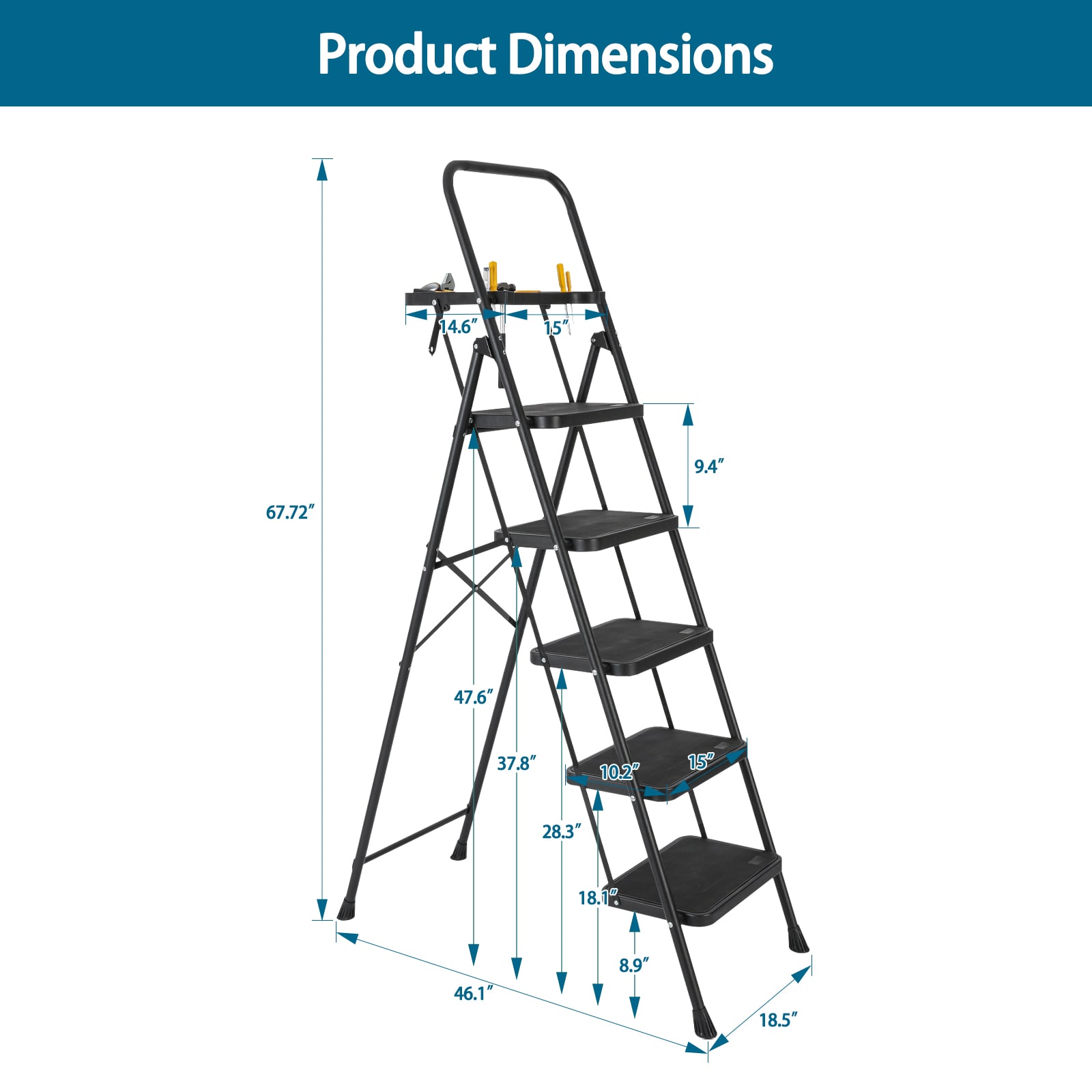 Escalera de 5 pasos Siavonce Capacidad de 550 lb, plegable de acero negro XH30444