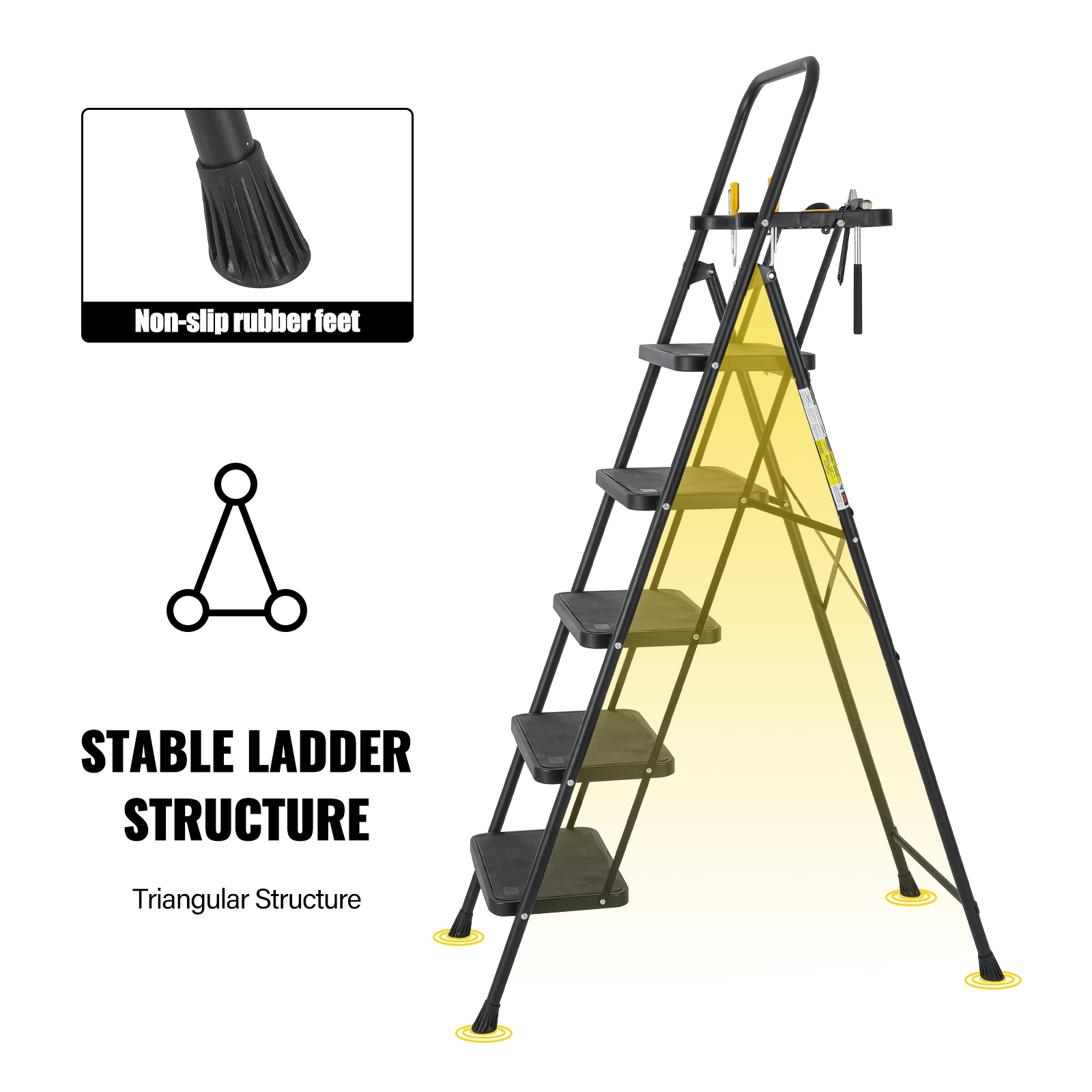 Escalera de 5 pasos Siavonce Capacidad de 550 lb, plegable de acero negro XH30444