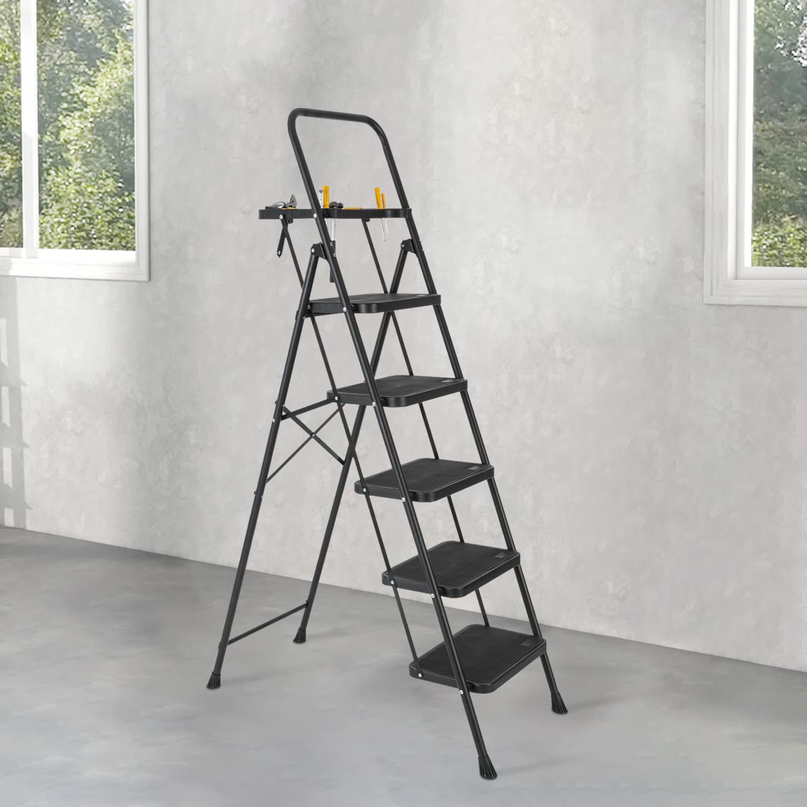Escalera de 5 pasos Siavonce Capacidad de 550 lb, plegable de acero negro XH30444