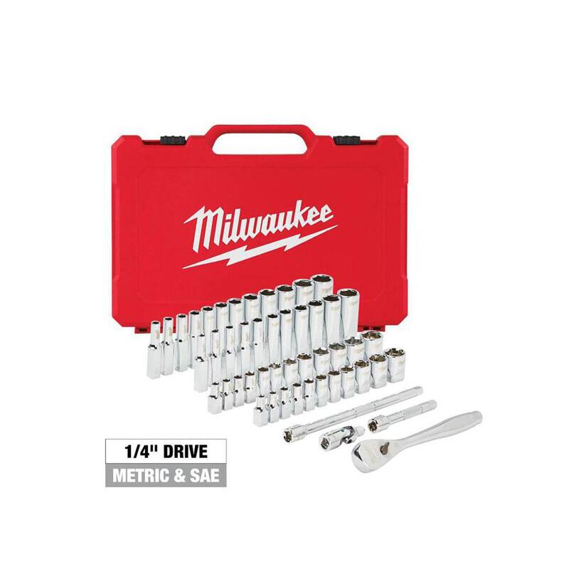 Juego de herramientas mecánicas de trinquete y dados SAE/métricos de 1/4 pulgadas Milwaukee (50 piezas) - 48-22-9004