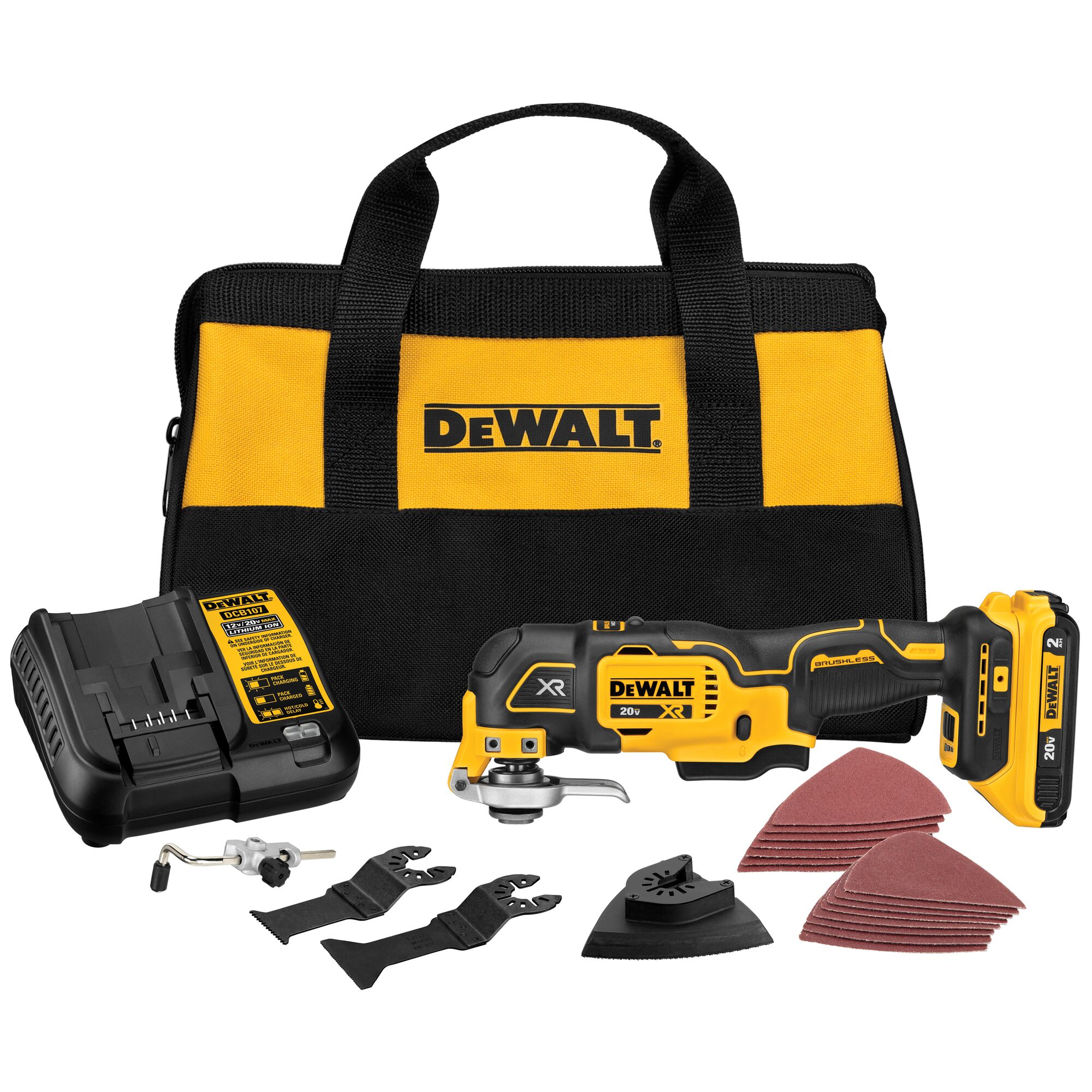 Herramienta oscilante multifuncional inalámbrica DEWALT XR 20V Max con motor sin escobillas de 3 velocidades, estuche suave y 1 batería incluida - 8 piezas (DCS356SD1)