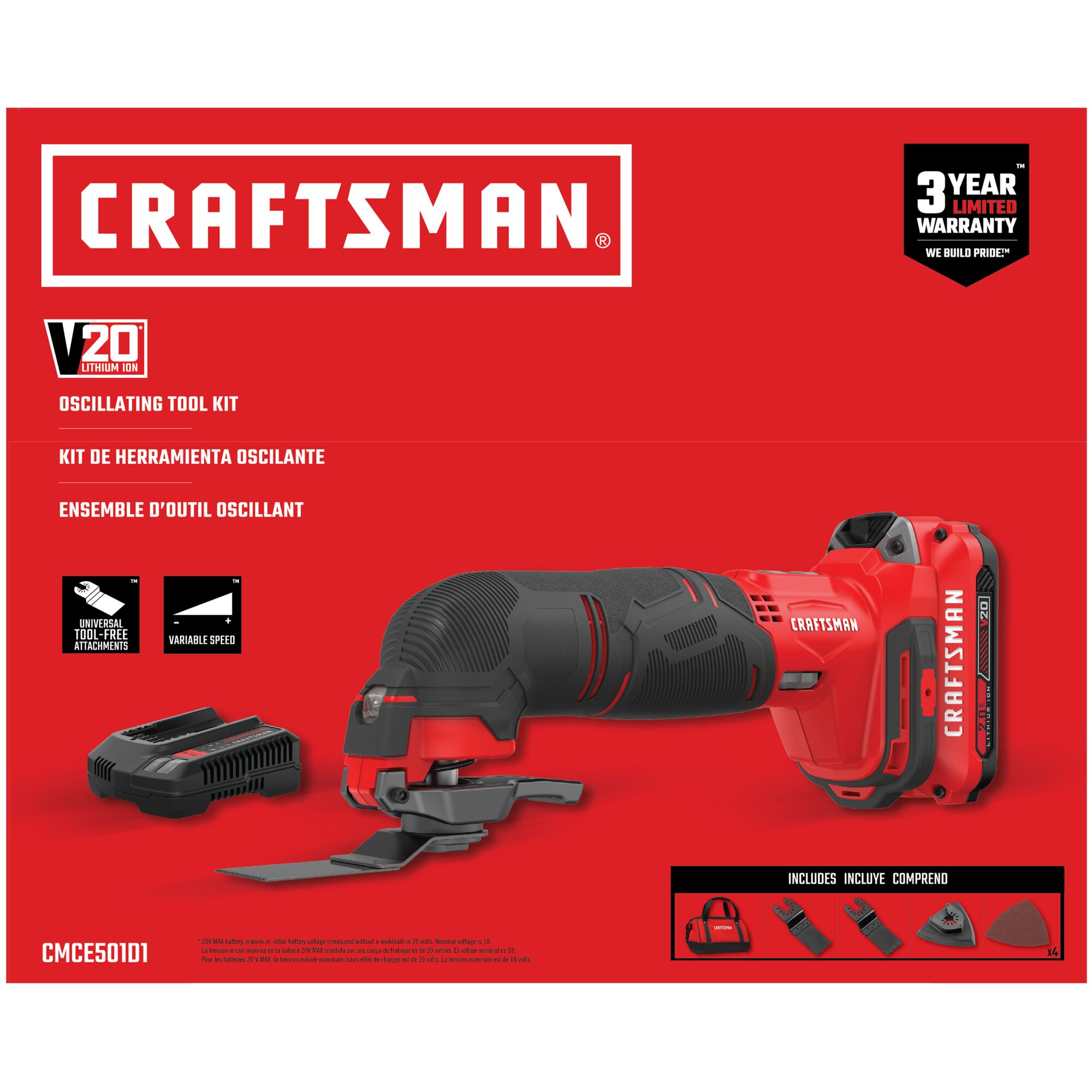 Herramienta multiusos oscilante inalámbrica CRAFTSMAN V20 de 20 voltios con velocidad variable, estuche suave y 11 piezas - incluye 1 batería CMCE501D1