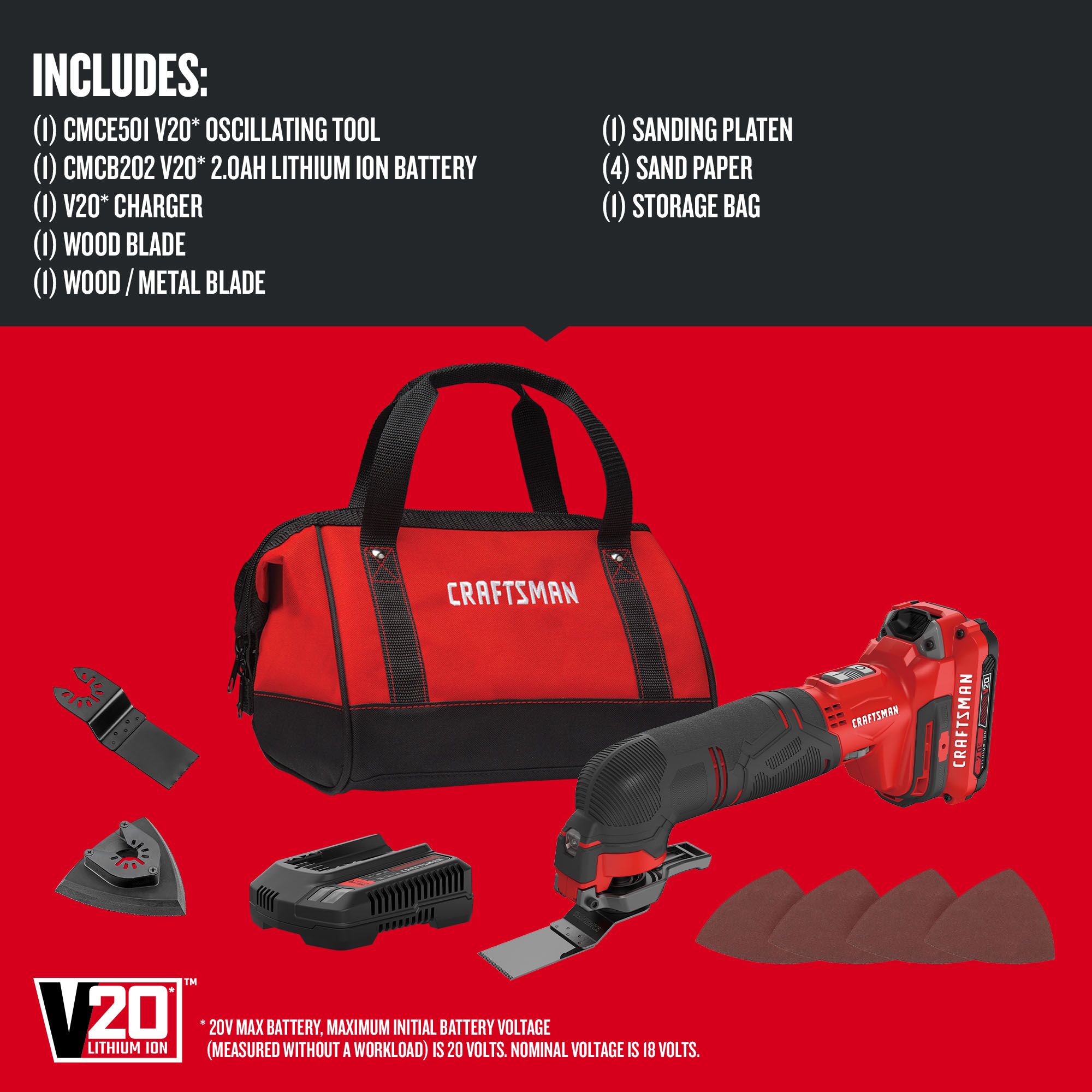 Herramienta multiusos oscilante inalámbrica CRAFTSMAN V20 de 20 voltios con velocidad variable, estuche suave y 11 piezas - incluye 1 batería CMCE501D1