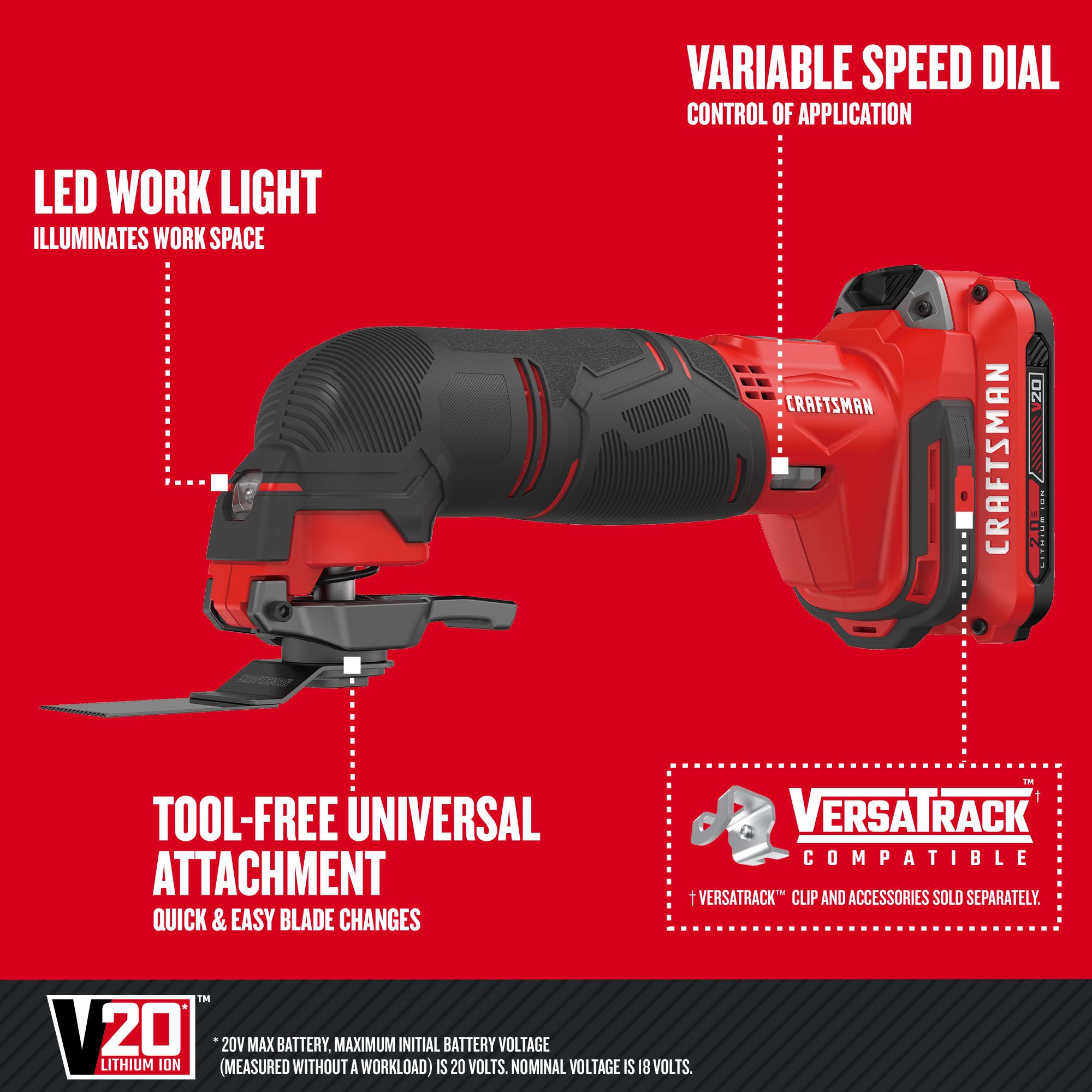 Herramienta multiusos oscilante inalámbrica CRAFTSMAN V20 de 20 voltios con velocidad variable, estuche suave y 11 piezas - incluye 1 batería CMCE501D1