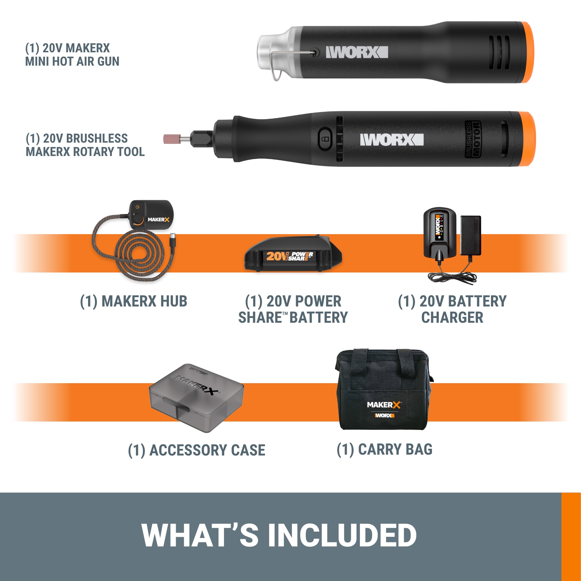 Kit de herramientas rotativas inalámbricas WORX MakerX de velocidad variable de 20 voltios máximo para manualidades (batería incluida) (cargador incluido) WX989L