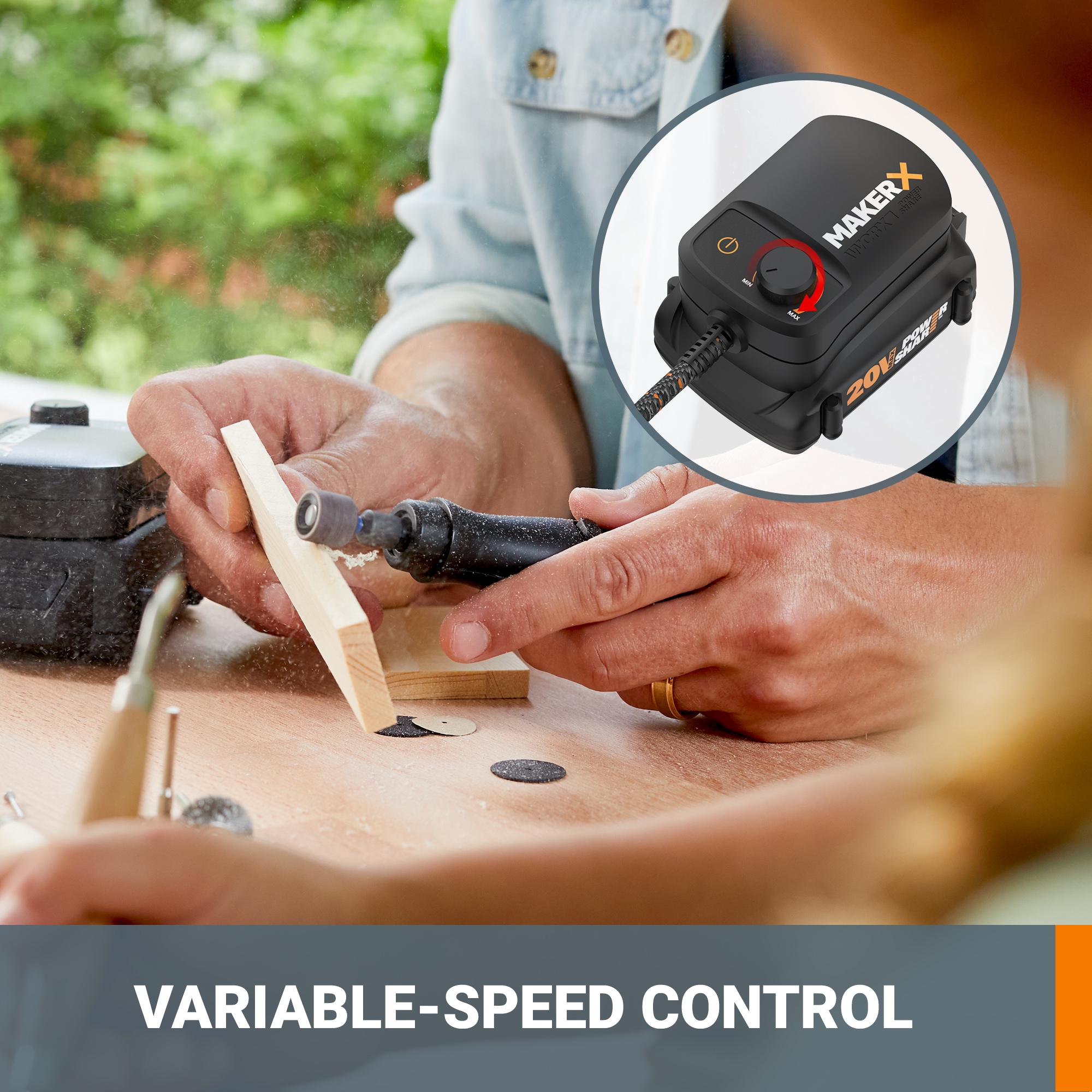 Kit de herramientas giratorias con cable WORX MakerX de velocidad variable de 20 voltios máximo, multiusos (incluye cargador) WX990L
