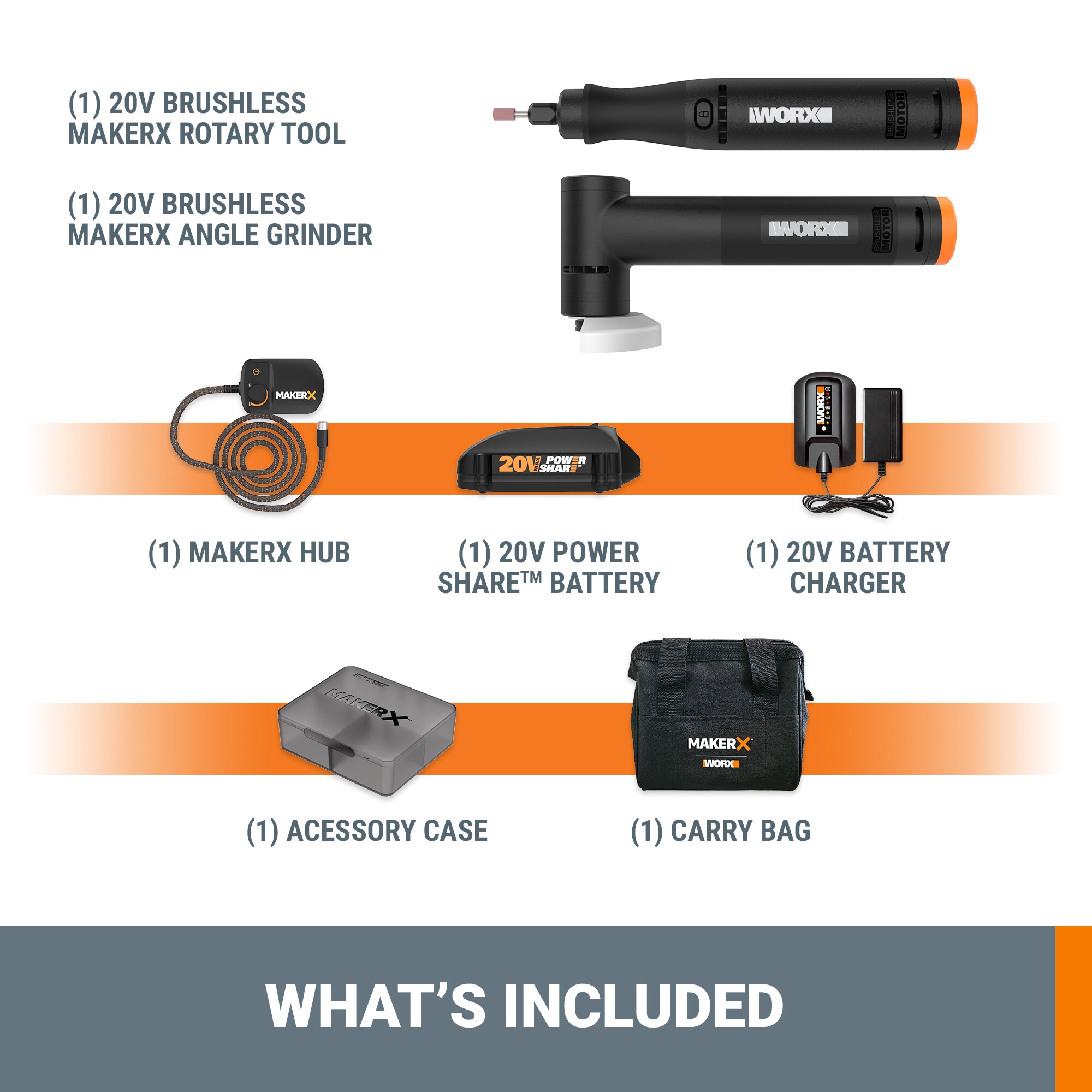Kit de herramientas giratorias con cable WORX MakerX de velocidad variable de 20 voltios máximo, multiusos (incluye cargador) WX990L