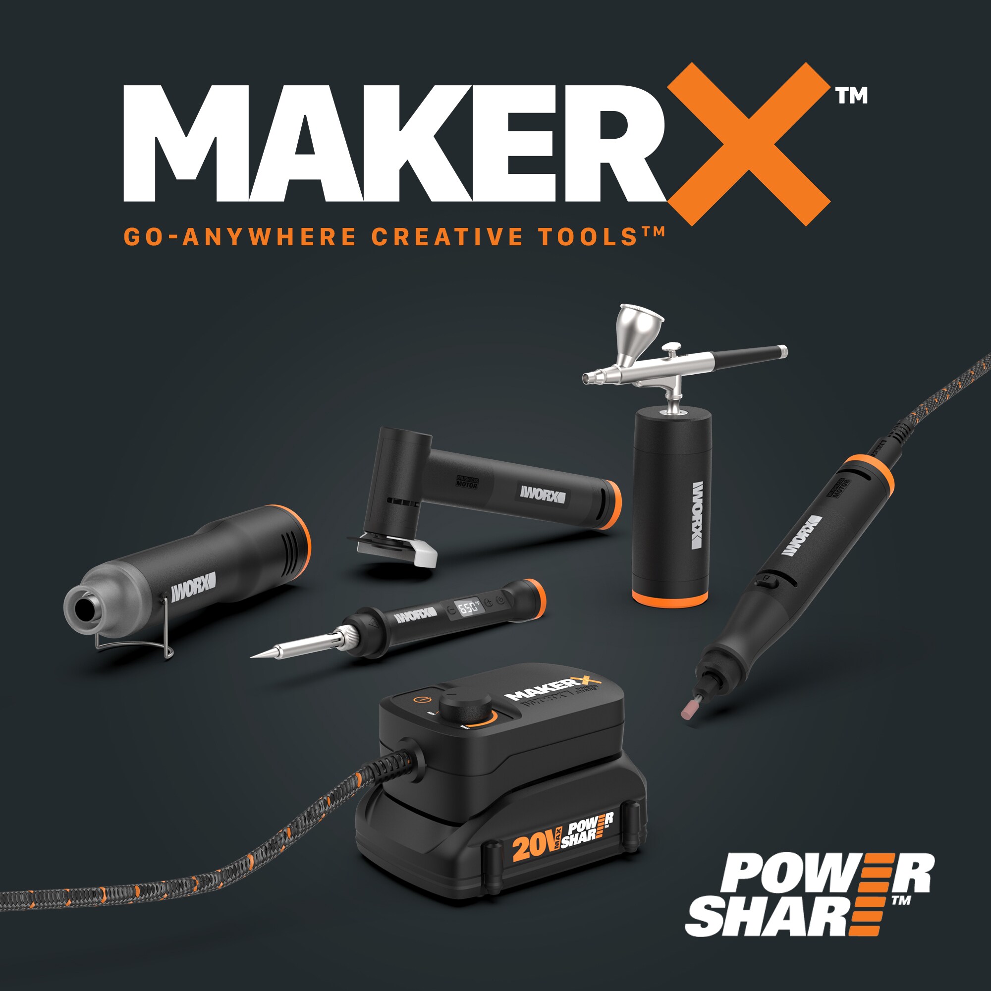 Kit de herramientas giratorias con cable WORX MakerX de velocidad variable de 20 voltios máximo, multiusos (incluye cargador) WX990L