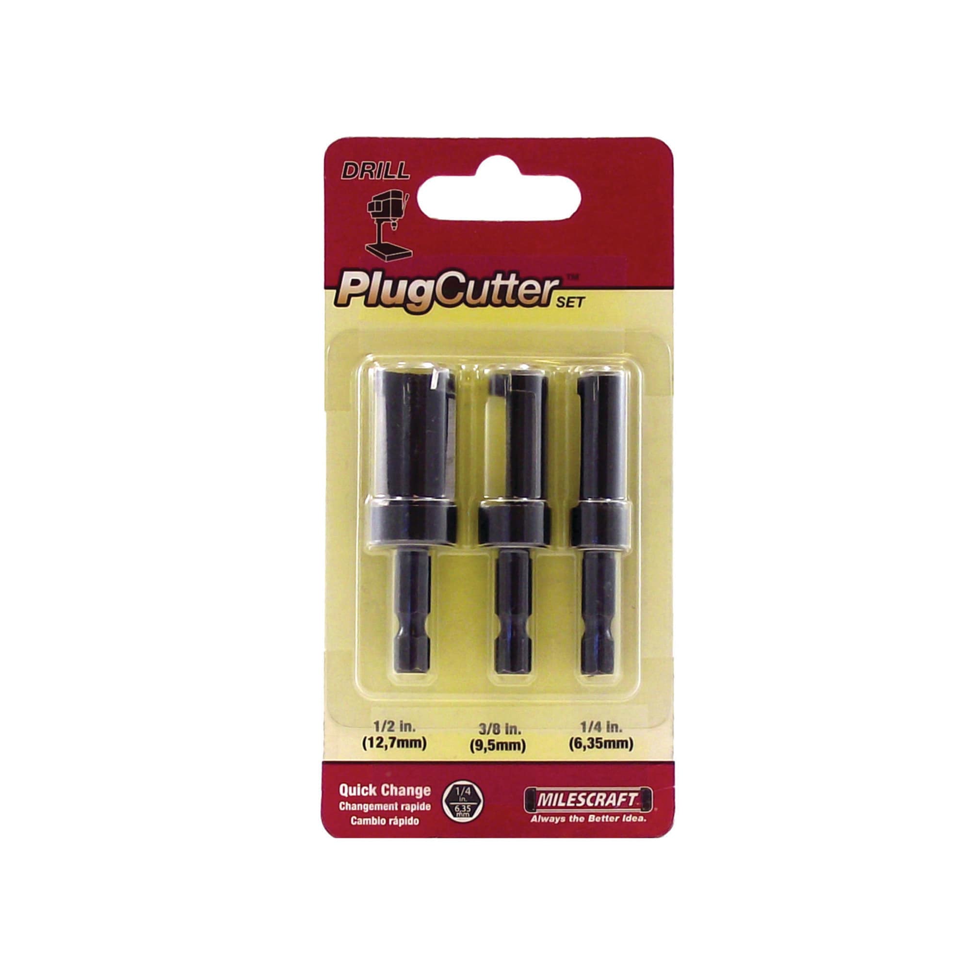 Juego de 3 cortadores cónicos para tapones Milescraft - 1/4 pulgadas, 3/8 pulgadas y 1/2 pulgadas - Construcción de acero - Compatible con cambio rápido 53400703