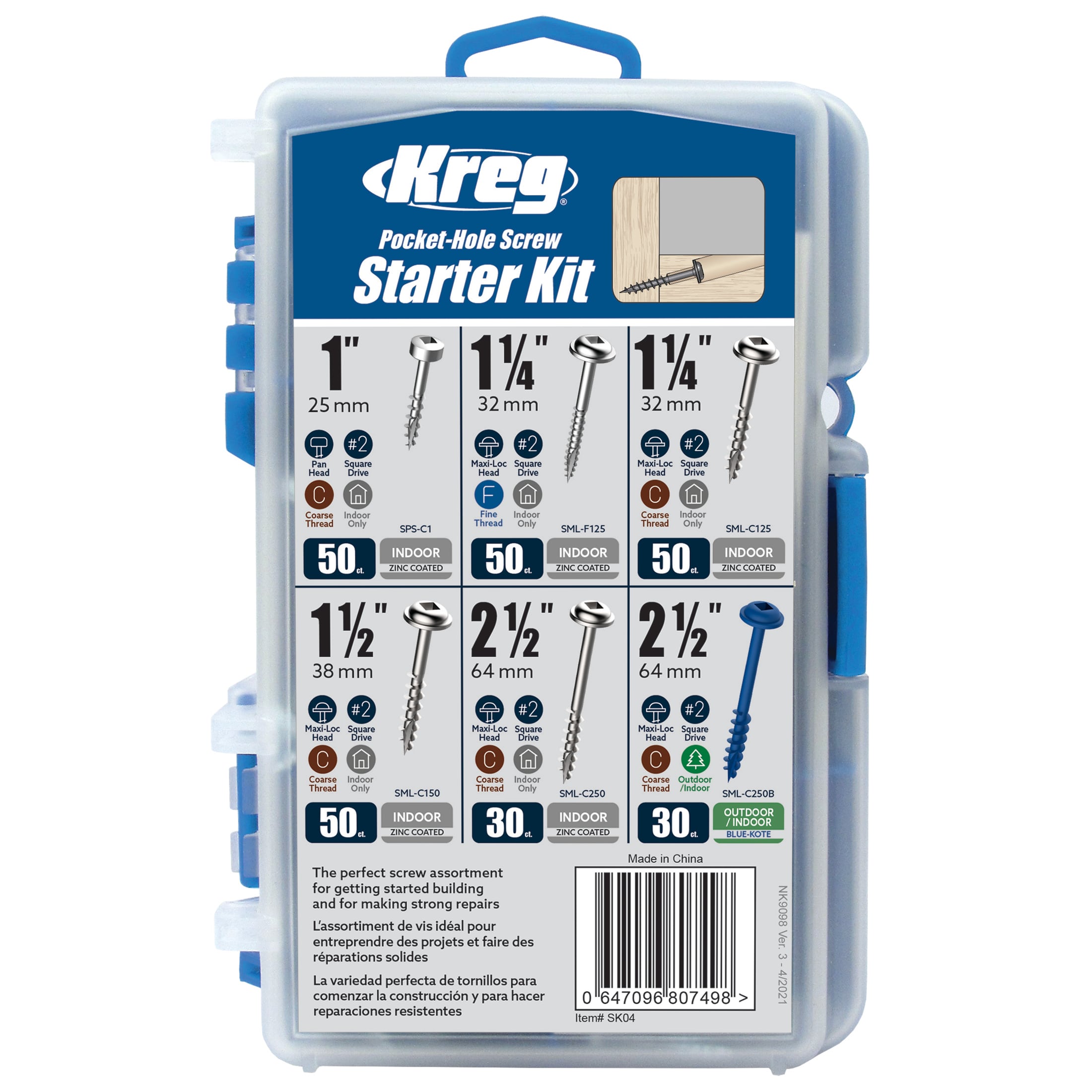 Kit de tornillos de iniciación para agujero de bolsillo Kreg (260 tornillos en 6 tamaños populares) SK04
