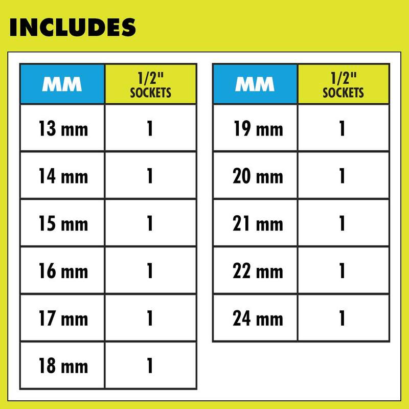 RYOBI Juego de dados de impacto profundo métrico de 1/2 pulgadas (11 piezas) - RHMTIS31102
