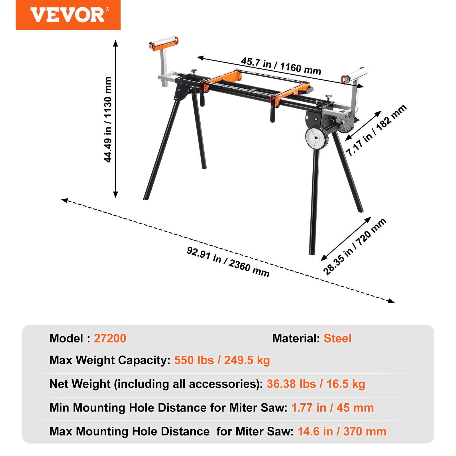Soporte ajustable de acero para sierra ingletadora rodante de 550 lb VEVOR RZXXQ100500LBUTQPV0