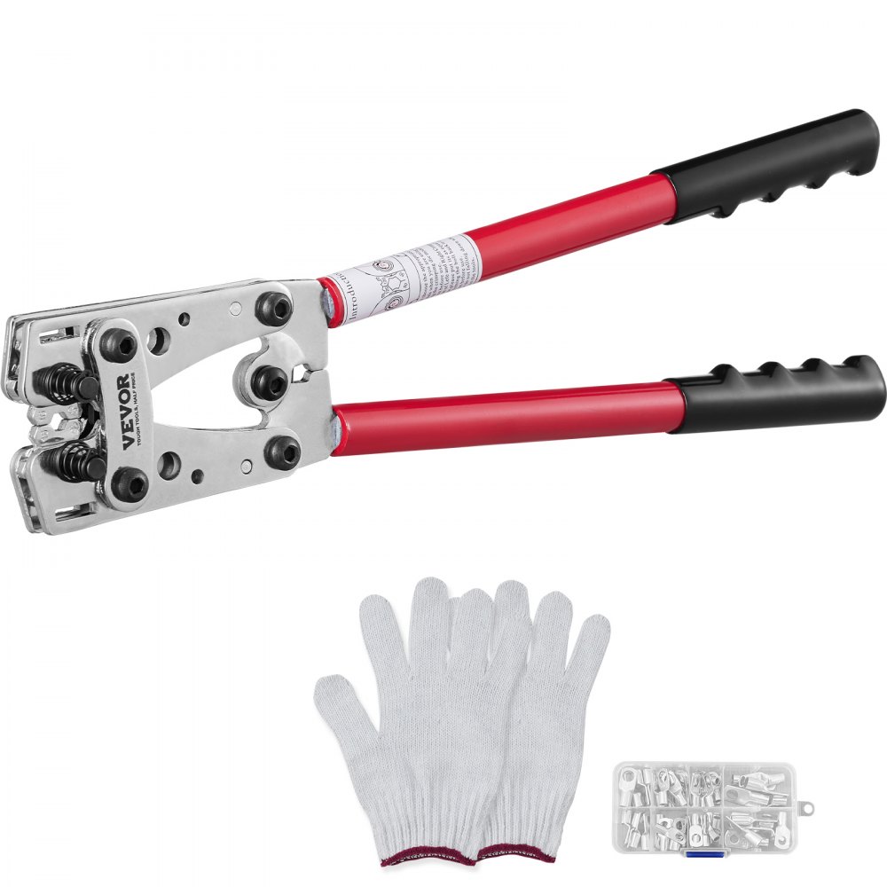 VEVOR Battery Cable Lug Crimping Tool, 10-1/0 AWG with Heavy Duty Wire Lugs, with 60PCS Aluminum Ring Connectors Terminals 6 Wire Sizes Crimping Die Aluminum Terminal Battery Lug Crimper - DLYJQTLDL1010SBO2V0