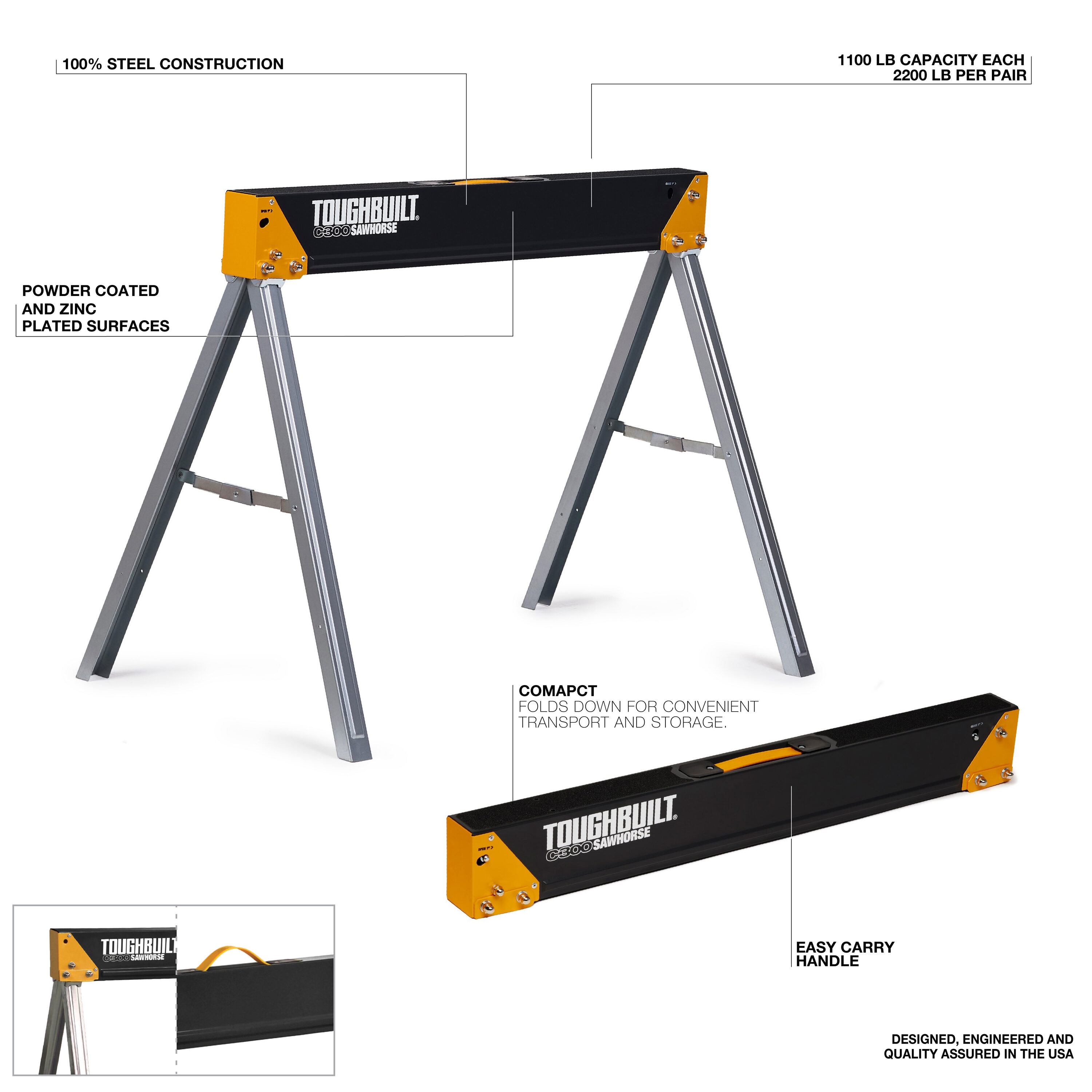 Caballo de aserradero de acero TOUGHBUILT C300-2 2-pack de 35.51 pulgadas de ancho x 28.54 pulgadas de alto (Capacidad de 2200 lb) TB-C300-2