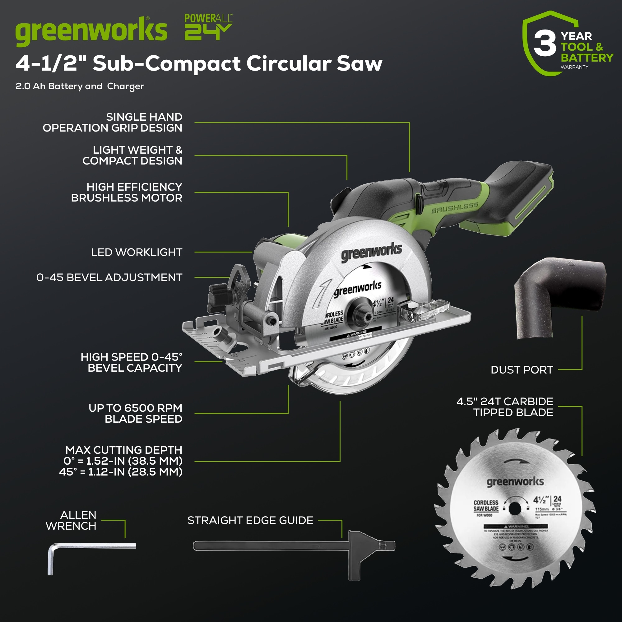Kit de sierra circular inalámbrica Greenworks 24 voltios máx. de 4-1/2 pulgadas sin escobillas (Batería incluida) 1503302