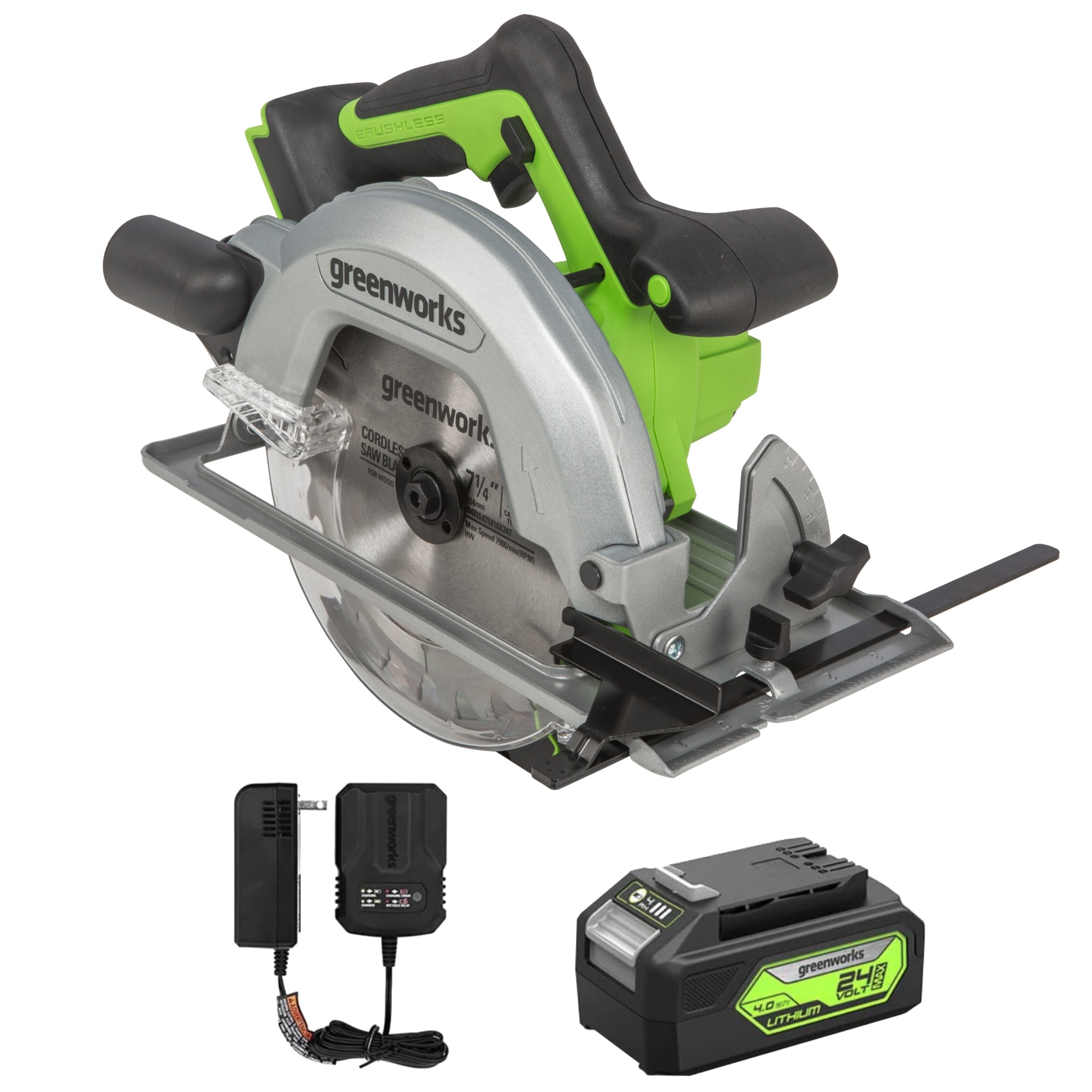 Kit de sierra circular inalámbrica Greenworks de 24 voltios 7-1/4 pulgadas con motor sin escobillas (Incluye batería) 1502902