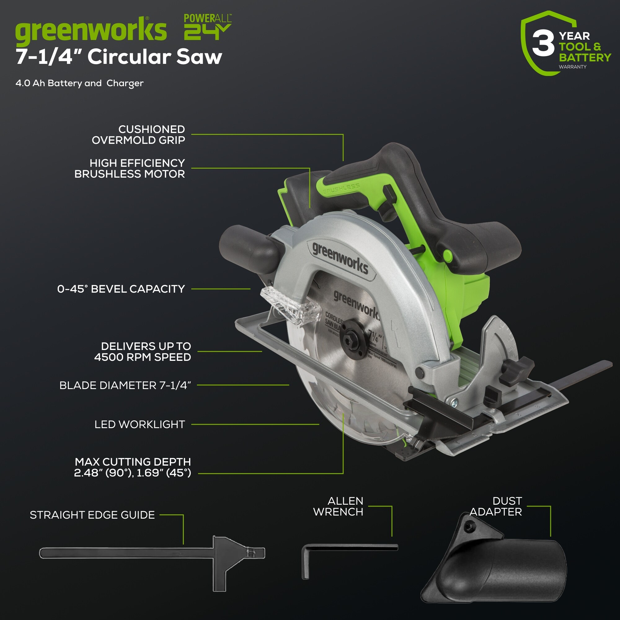 Kit de sierra circular inalámbrica Greenworks de 24 voltios 7-1/4 pulgadas con motor sin escobillas (Incluye batería) 1502902