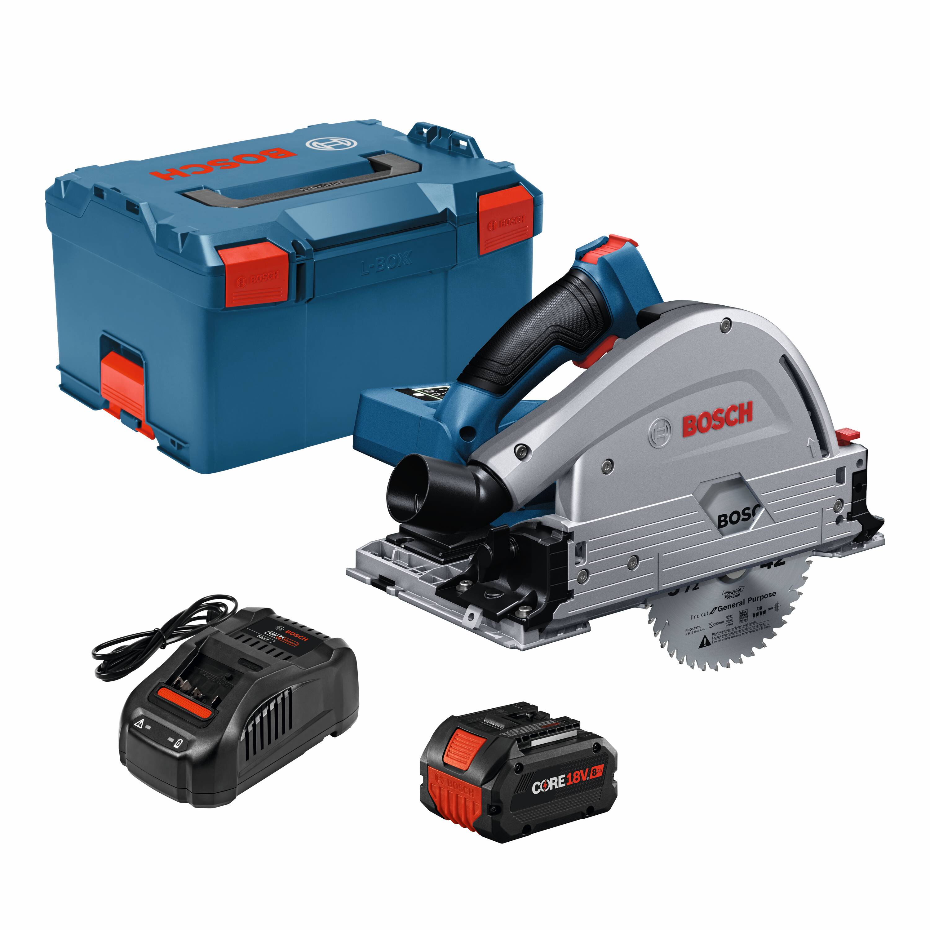 Sierra circular sin escobillas inalámbrica de inmersión/guía Bosch Profactor de 18 voltios y 8.0 amperios, con batería incluida (GKT18V-20GCL14)
