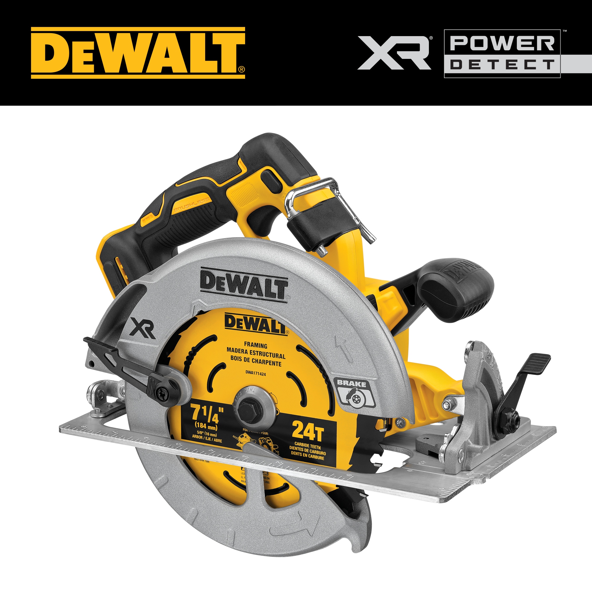 Sierra circular inalámbrica DEWALT XR POWER DETECT de 20 voltios, 7-1/4 pulgadas máx. DCS574B