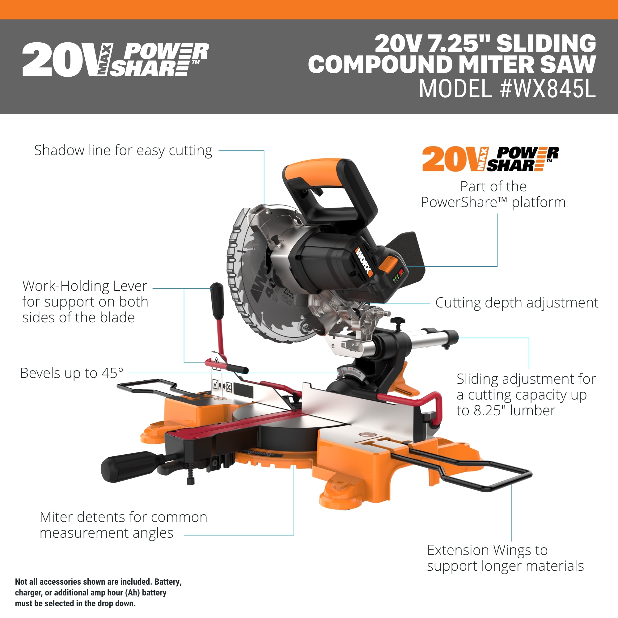 Sierra ingletadora compuesta inalámbrica de un solo bisel deslizante WORX Power Share de 20 voltios con batería incluida de 7-1/4 pulgadas.