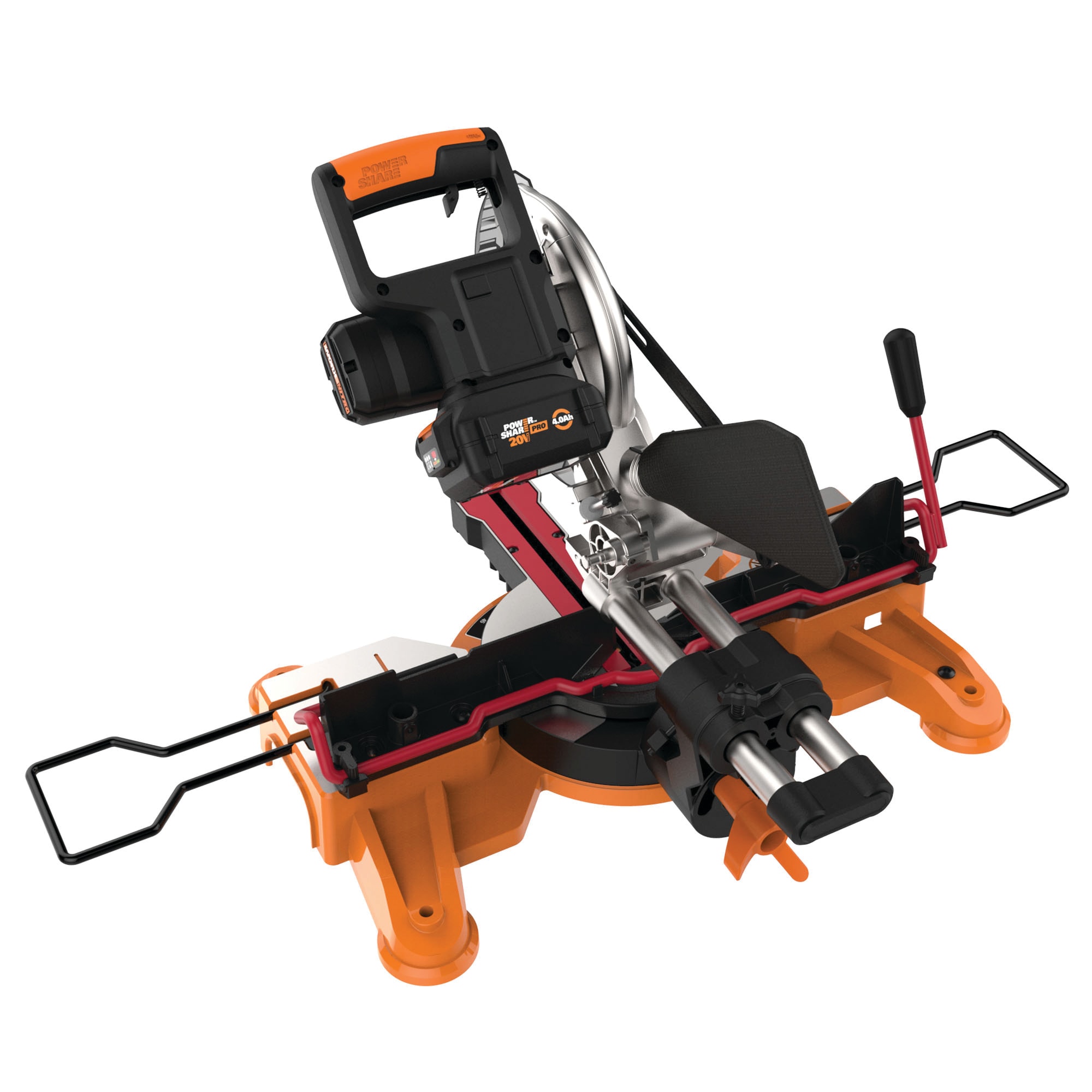 Sierra ingletadora compuesta inalámbrica de un solo bisel deslizante WORX Power Share de 20 voltios con batería incluida de 7-1/4 pulgadas.