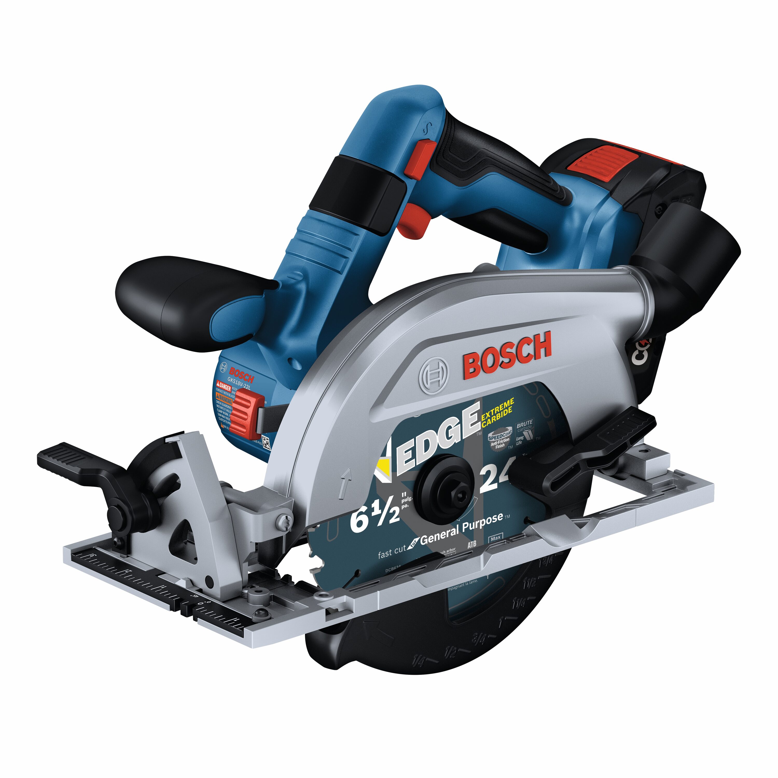 Sierra circular inalámbrica sin escobillas Bosch de 18 voltios y 4 amperios con sistema de transmisión por gusano de 6-1/2 pulgadas (batería incluida) - GKS18V-22LB25