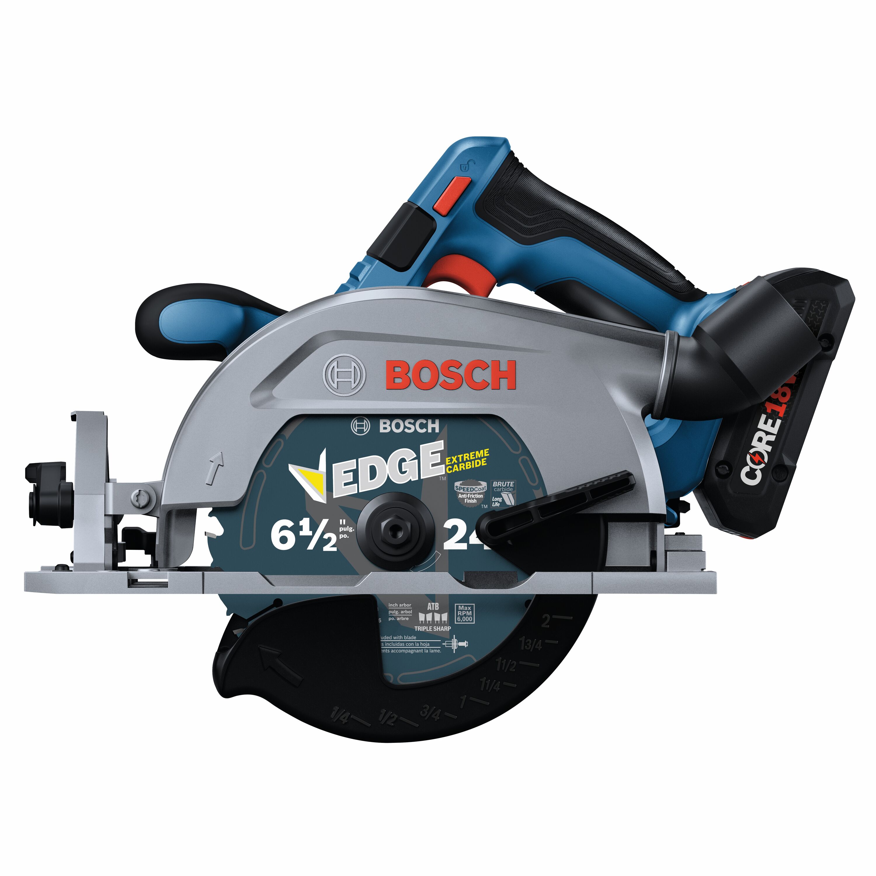 Sierra circular inalámbrica sin escobillas Bosch de 18 voltios y 4 amperios con sistema de transmisión por gusano de 6-1/2 pulgadas (batería incluida) - GKS18V-22LB25