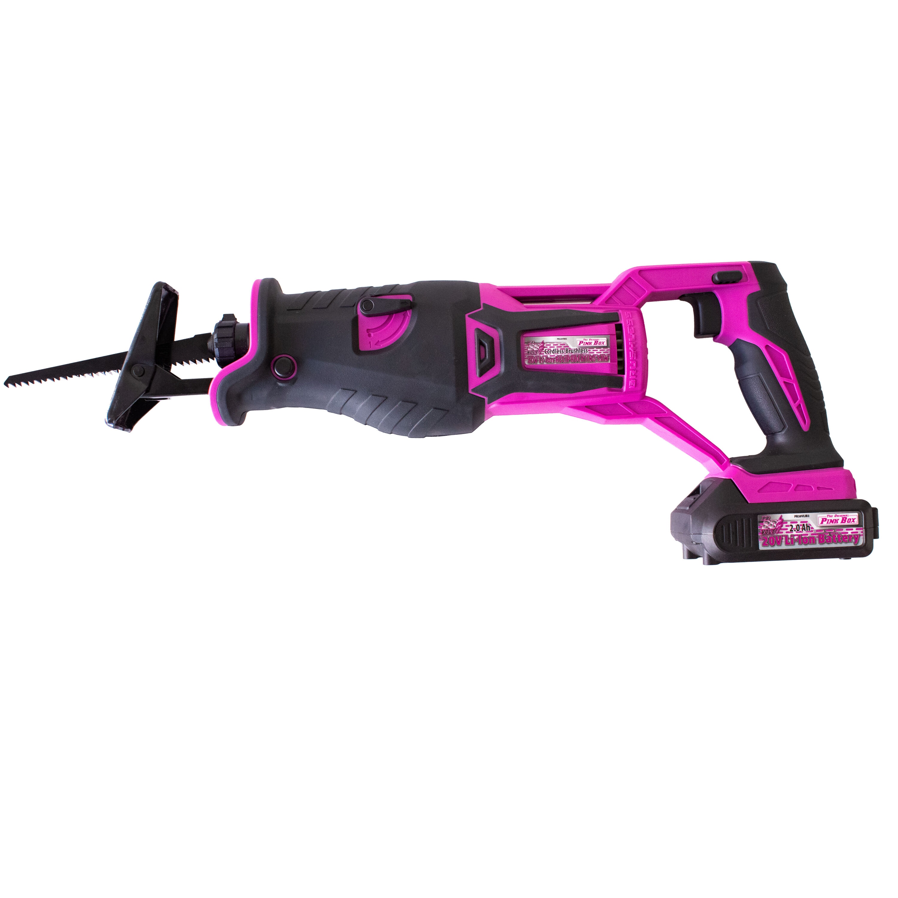 Sierra reciproca inalámbrica sin escobillas de 20 voltios de The Original Pink Box (batería incluida) PB20VREC-2AH-CHRGR