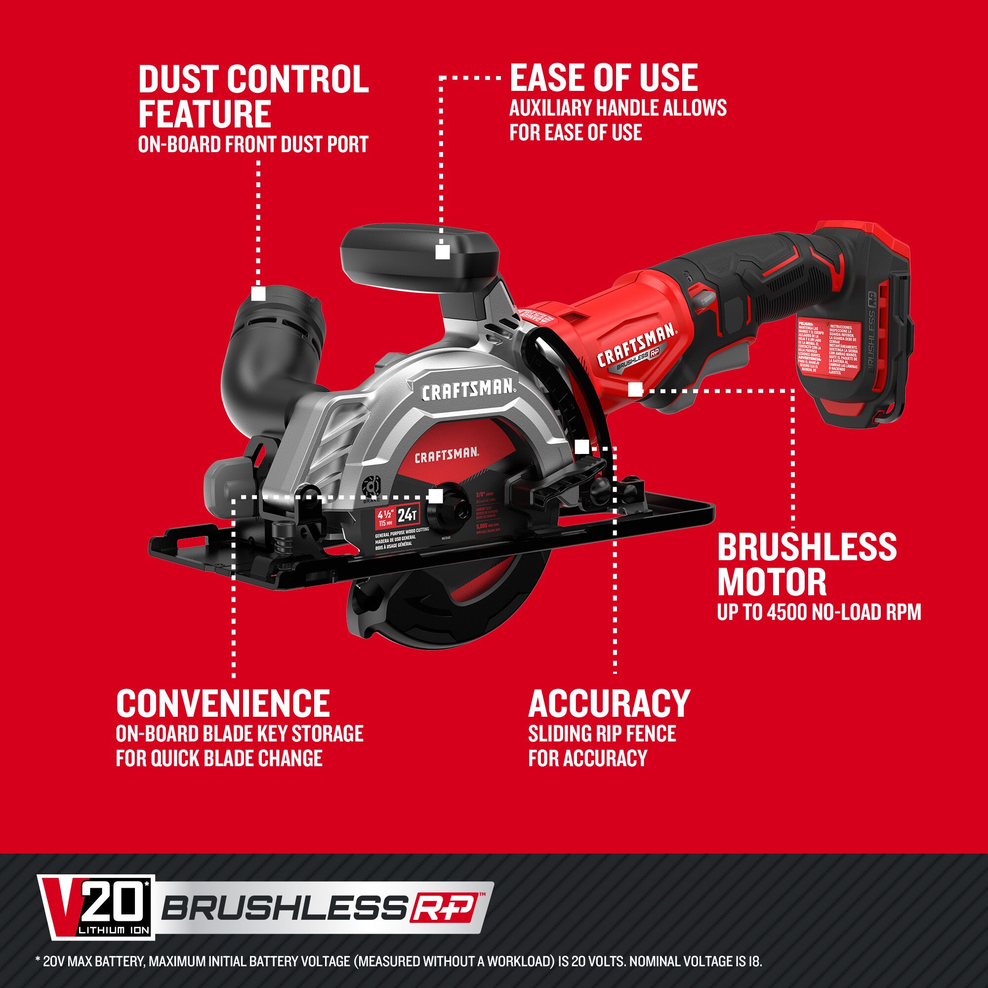 Sierra circular inalámbrica sin escobillas CRAFTSMAN V20 RP de 20 voltios Max 4-1/2 pulgadas